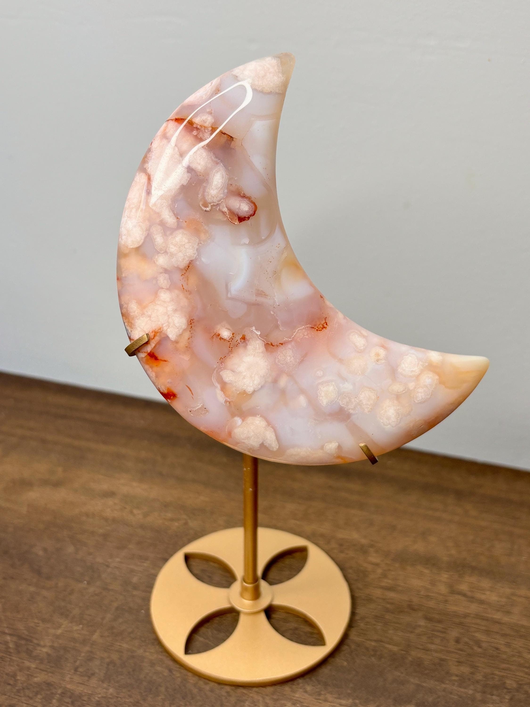 Peach-Pink Flower Agate Crescent Crystal Moon Carving on Gold Stand