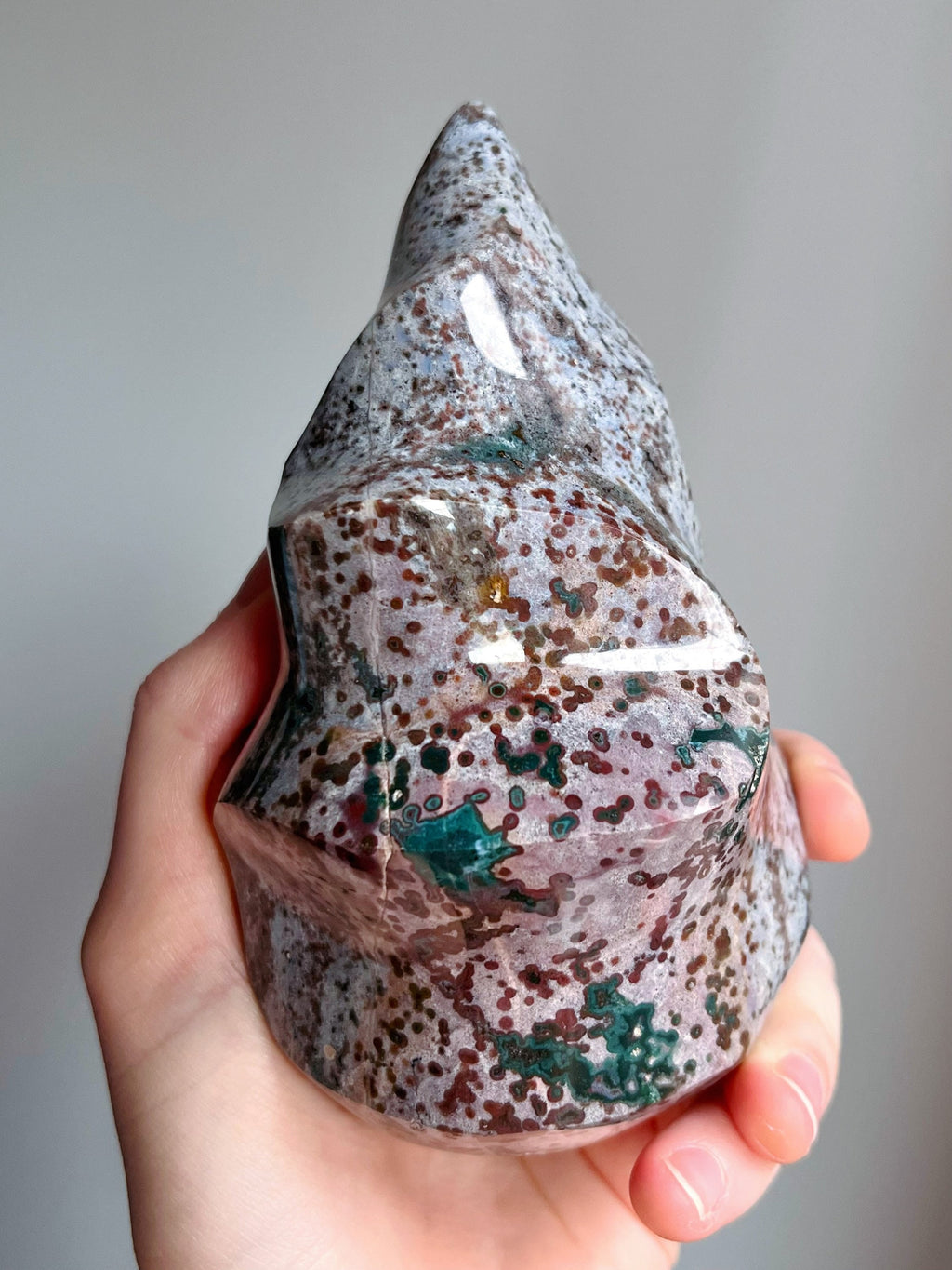 Large Ocean Jasper Flame, Polished Pastel Sea Jasper Freeform Cut Base