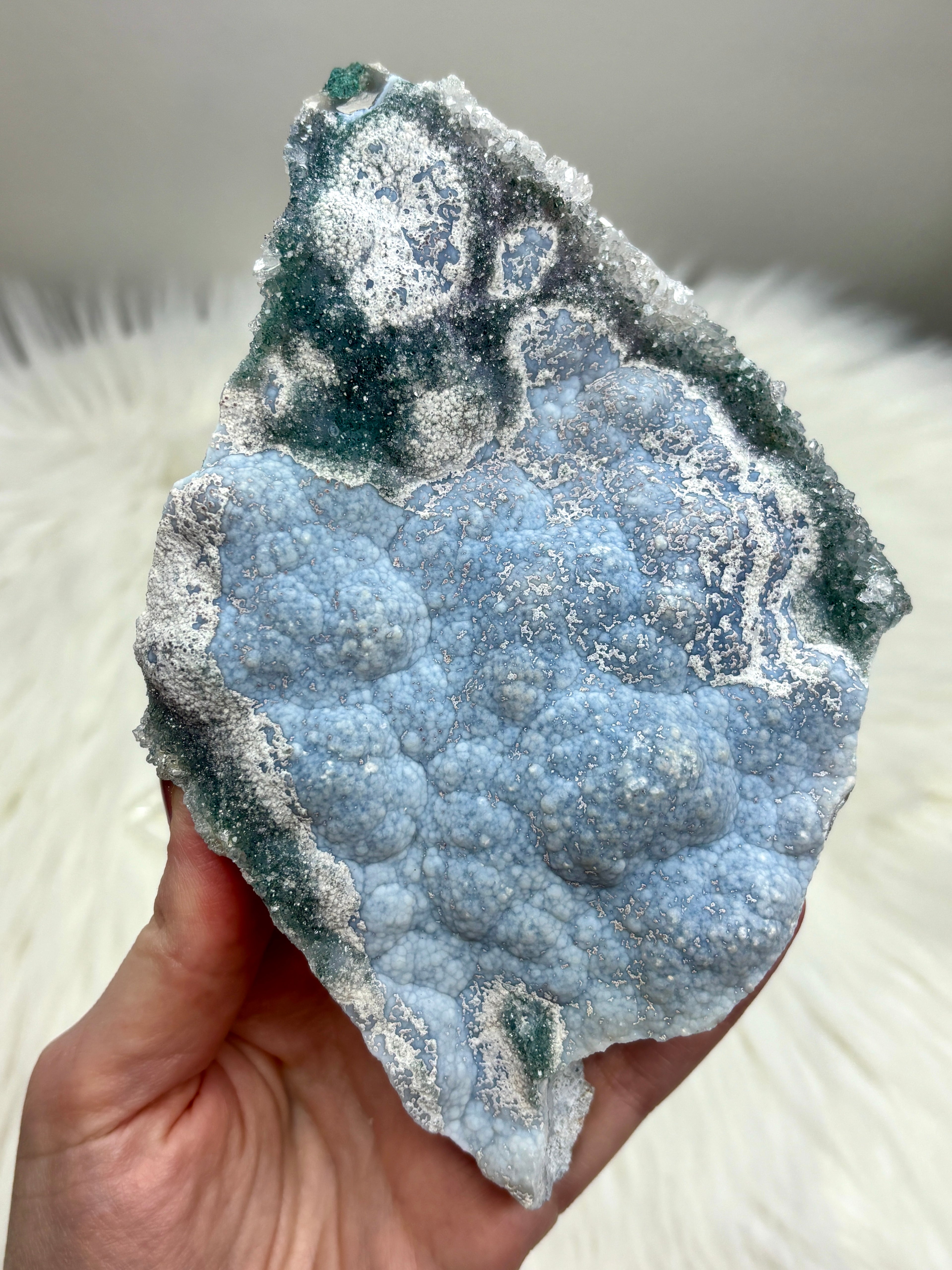 Rare Blue Amethyst Crystal Slab, Raw Botryoidal Blue Amethyst with Green Galaxy Druzy Amethyst & Clear Quartz