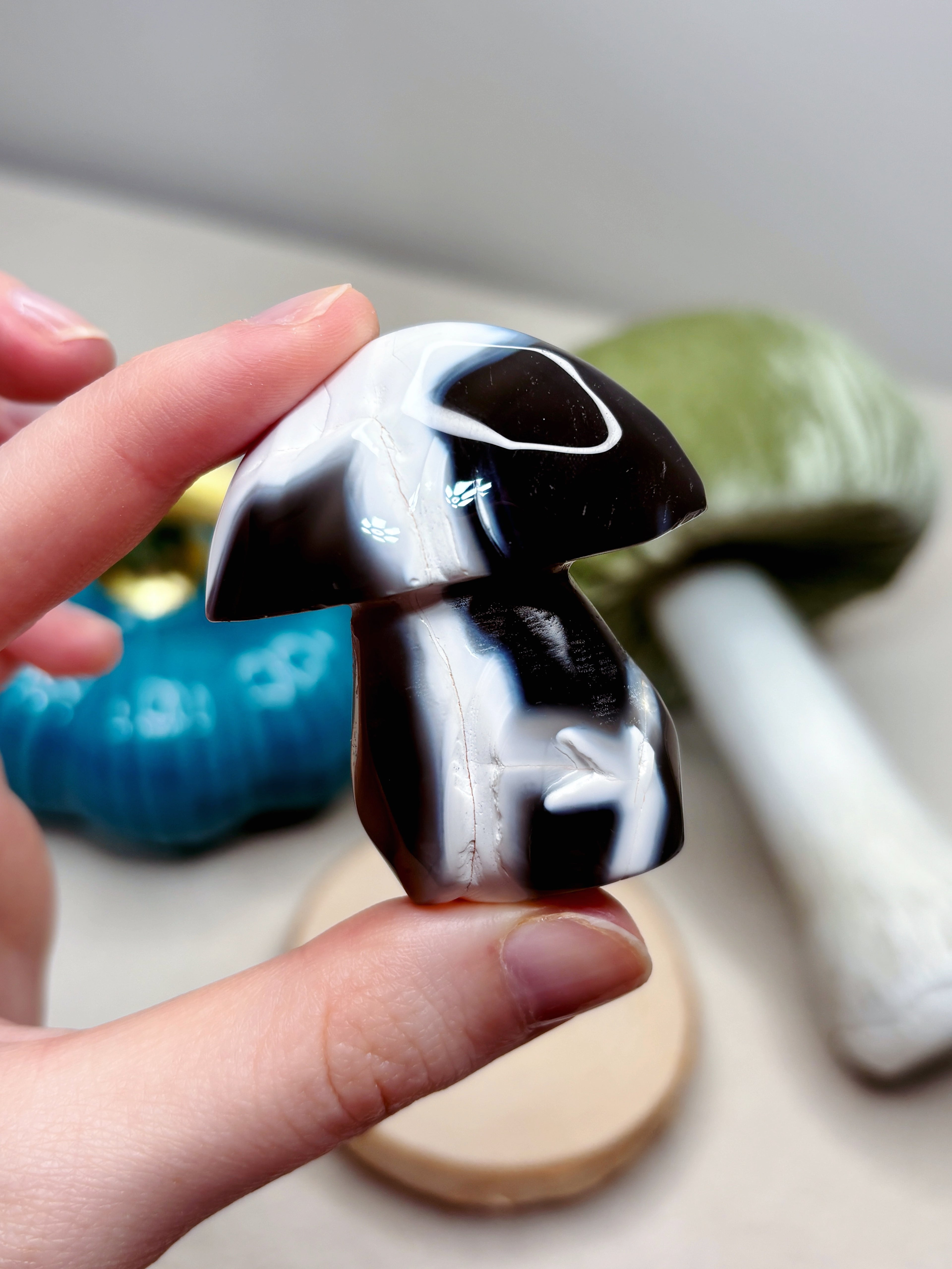 Orca Agate Mushroom Crystal, Hand Carved Natural Gemstone Mushroom