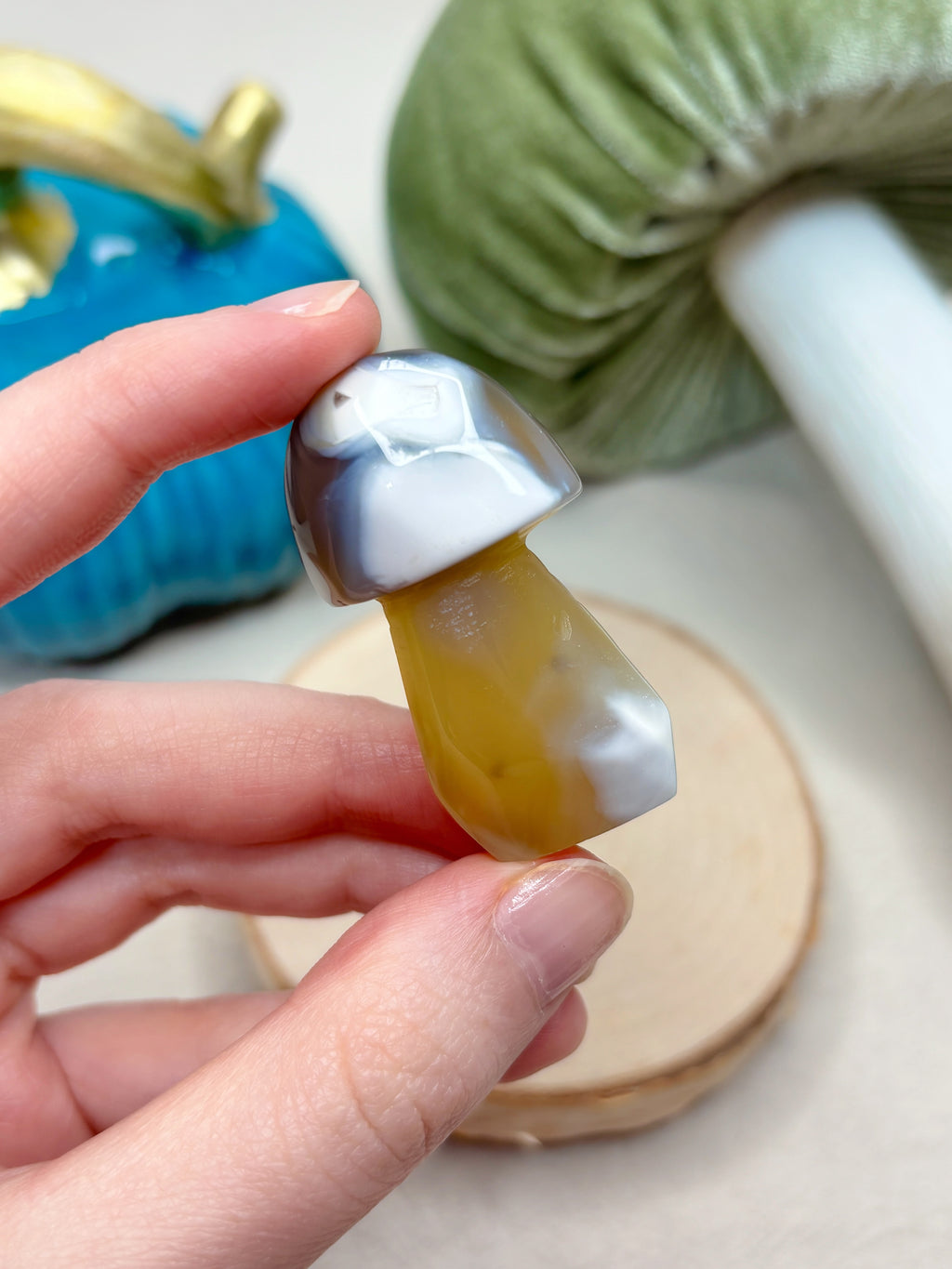 Yellow Orca Agate Mushroom Crystal, Hand Carved Gemstone Mushroom