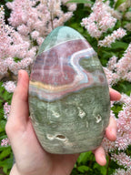 Large Ocean Jasper Freeform, Green Pink Sea Jasper Crystal Cut Base