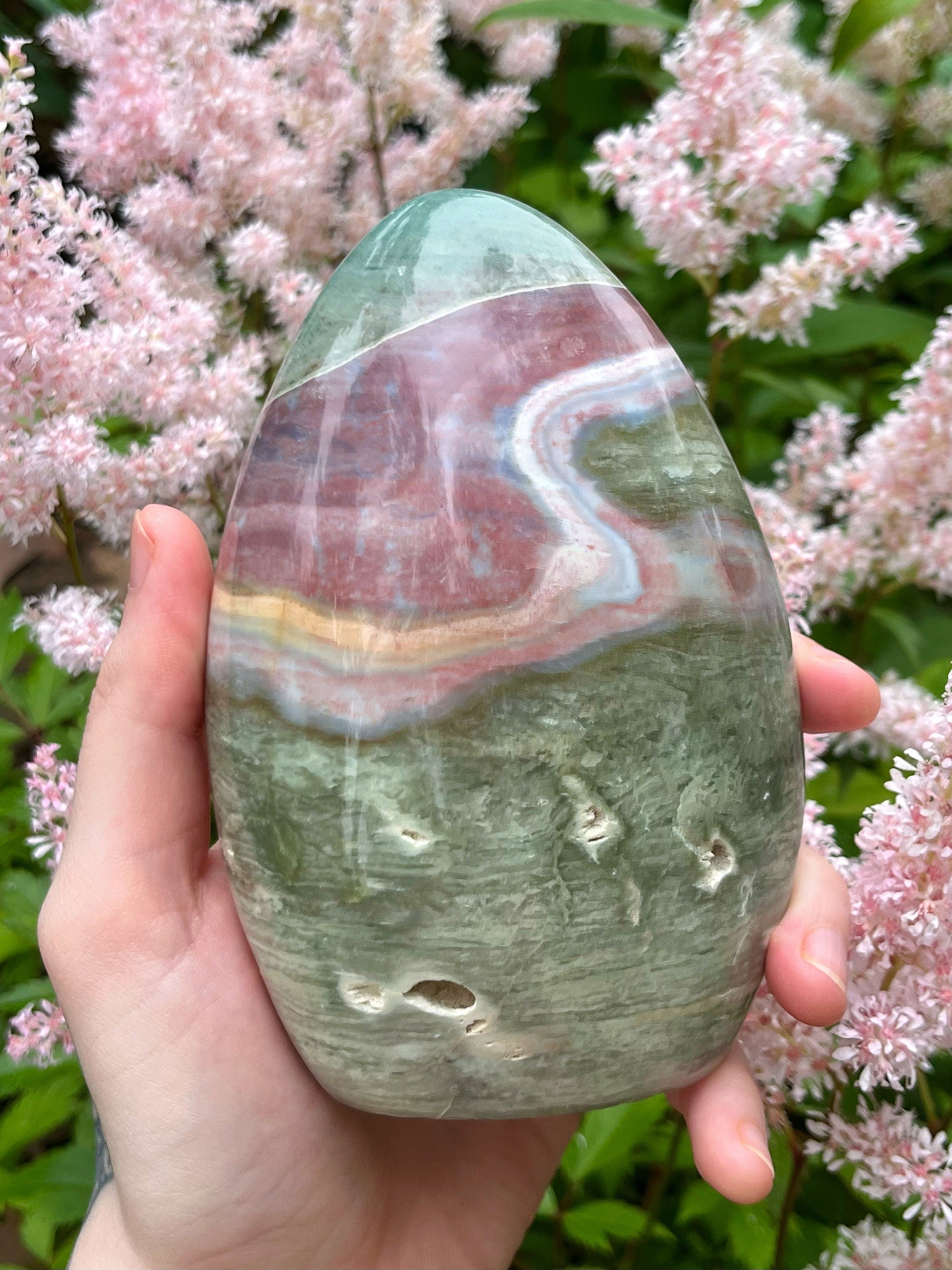 Large Ocean Jasper Freeform, Green Pink Sea Jasper Crystal Cut Base
