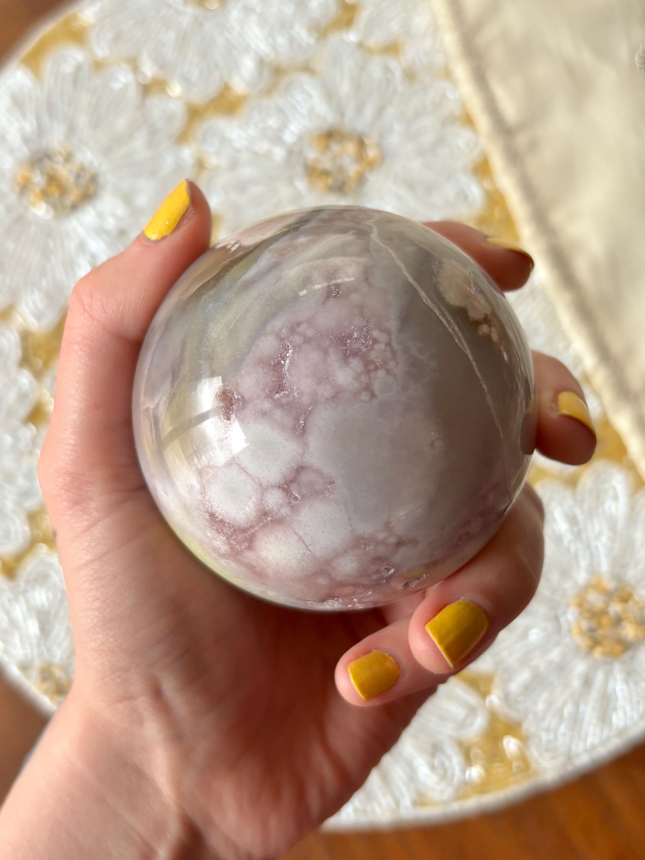 Large Druzy Flower Agate Sphere, Polished Pink Amethyst Flower Agate with Quartz