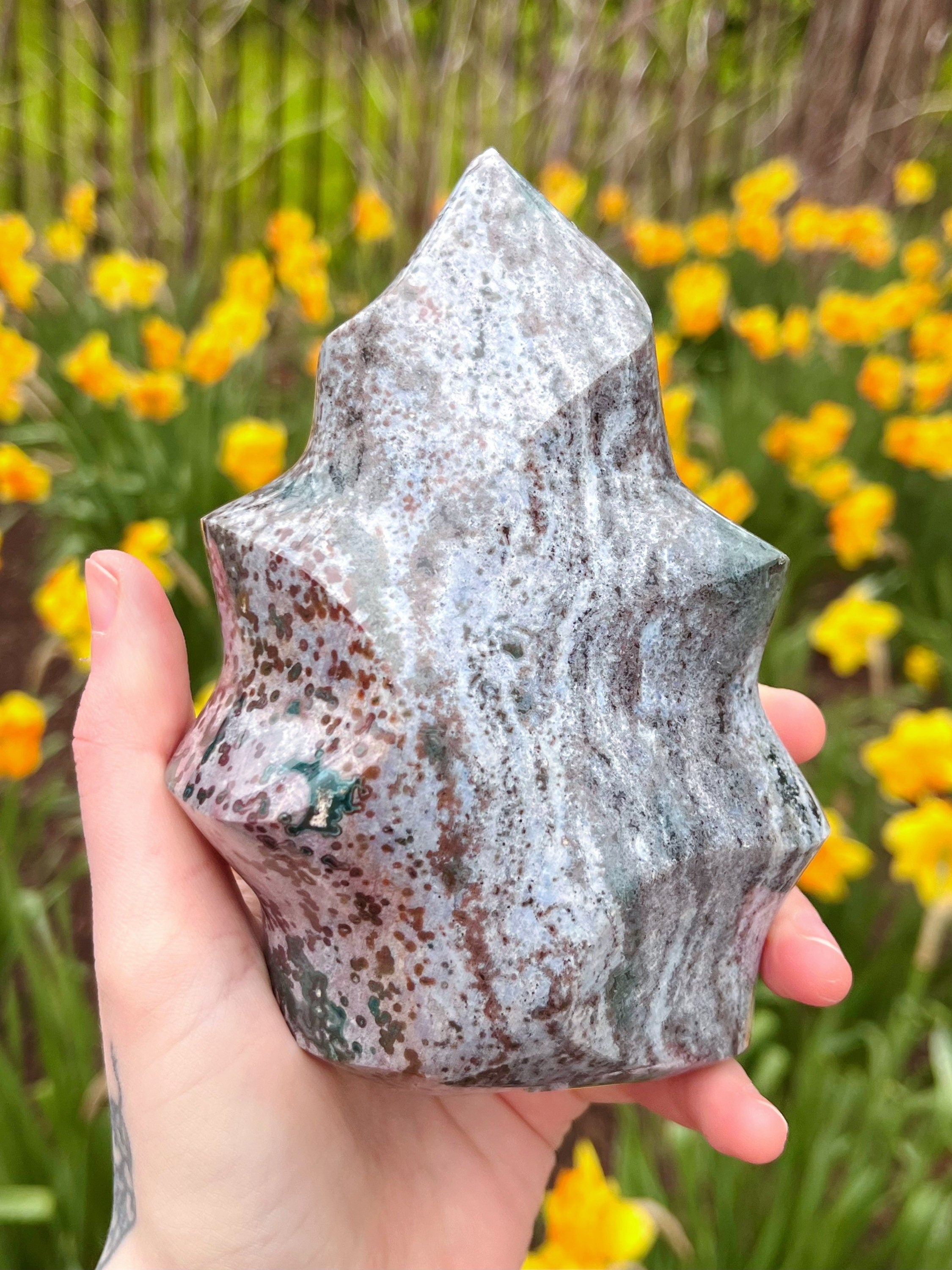 Large Ocean Jasper Flame, Polished Pastel Sea Jasper Freeform Cut Base