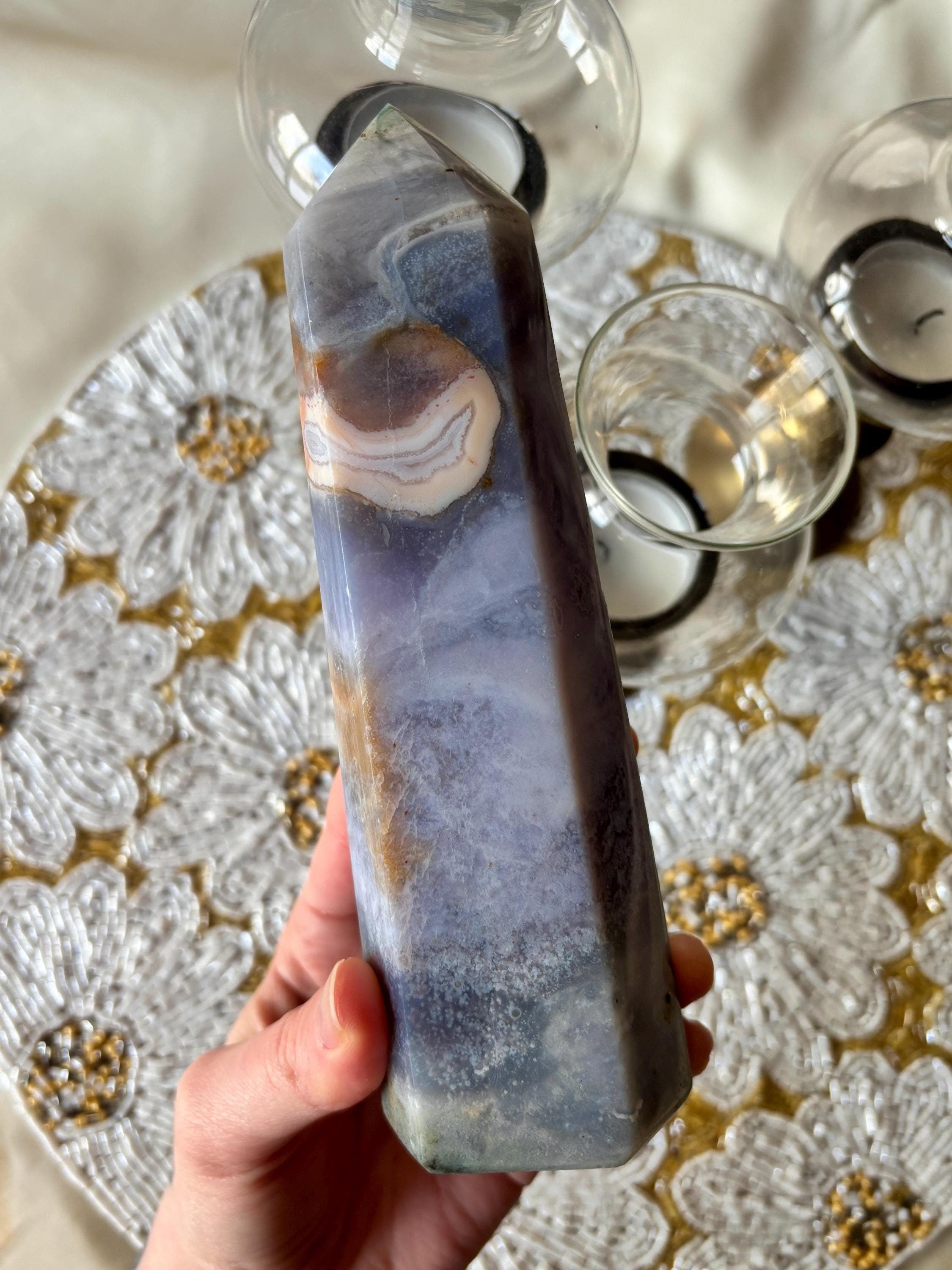 Pastel Ocean Jasper Tower, Lavender Orbicular Ocean Jasper Crystal Point