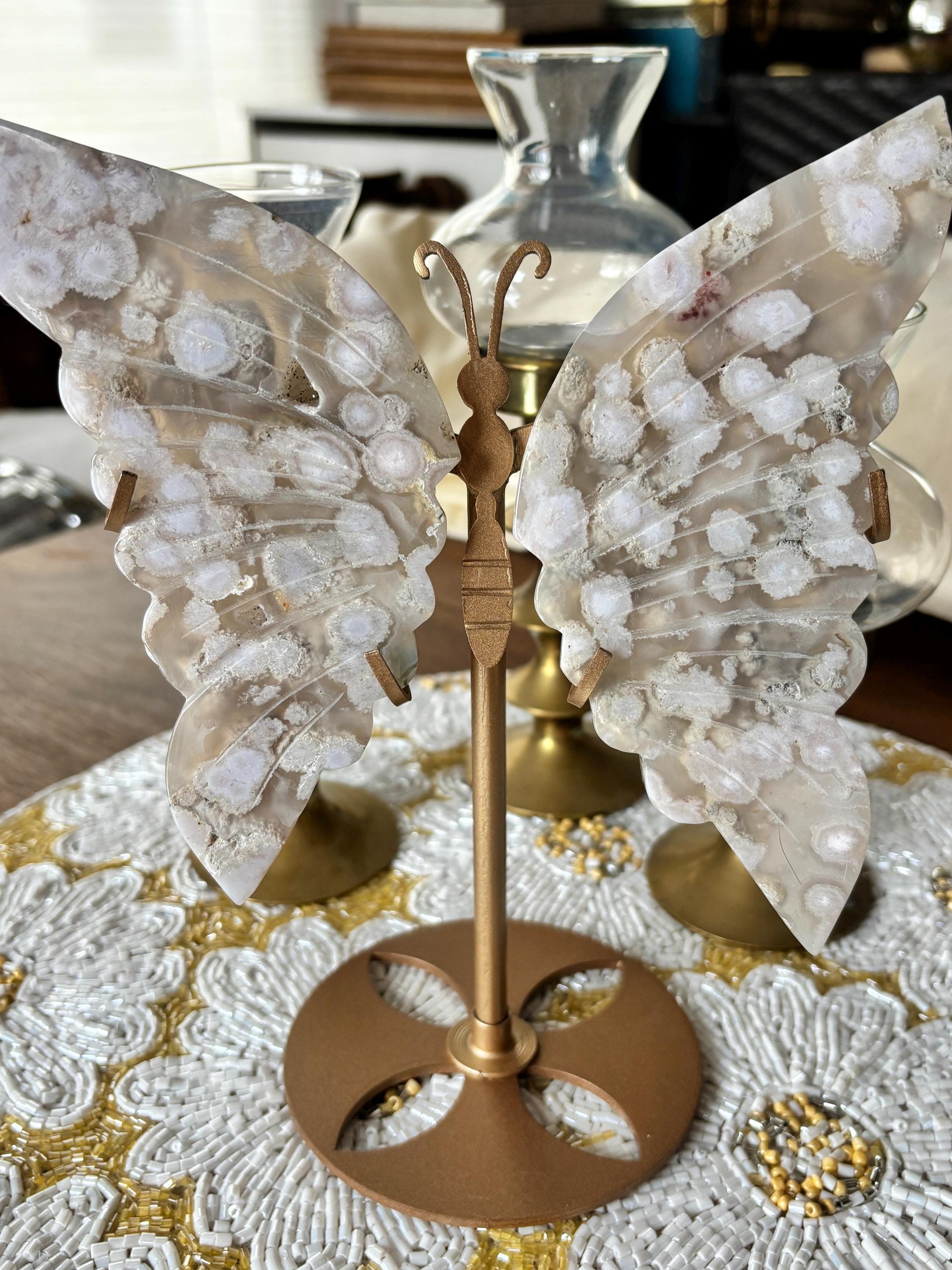 Flower Agate Butterfly Wing Crystal Display on Gold Stand