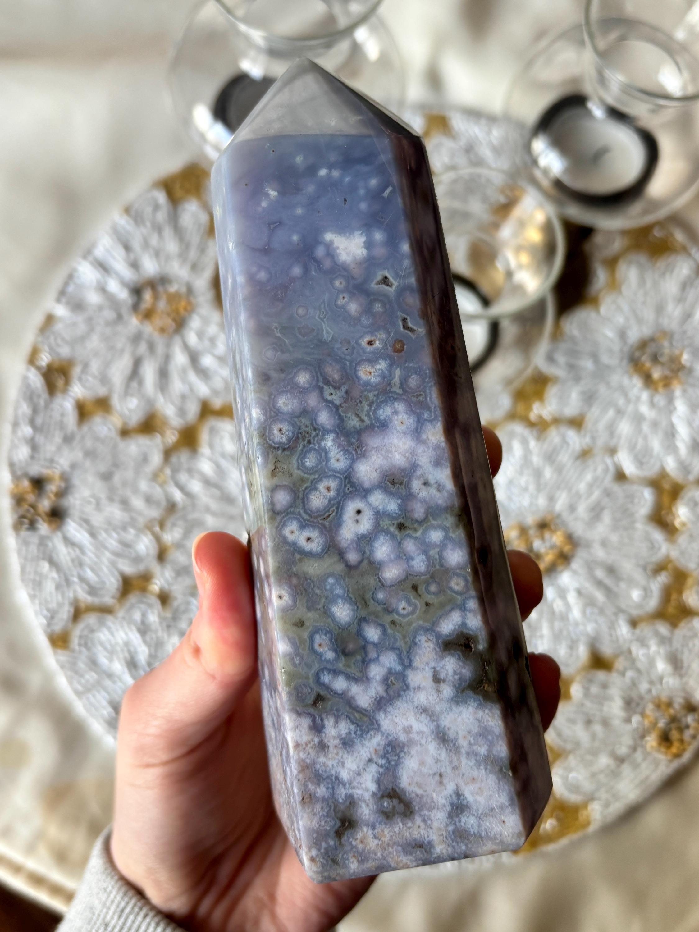 Large Ocean Jasper Flower Agate Tower, Natural Polished Orbicular Sea Jasper Point