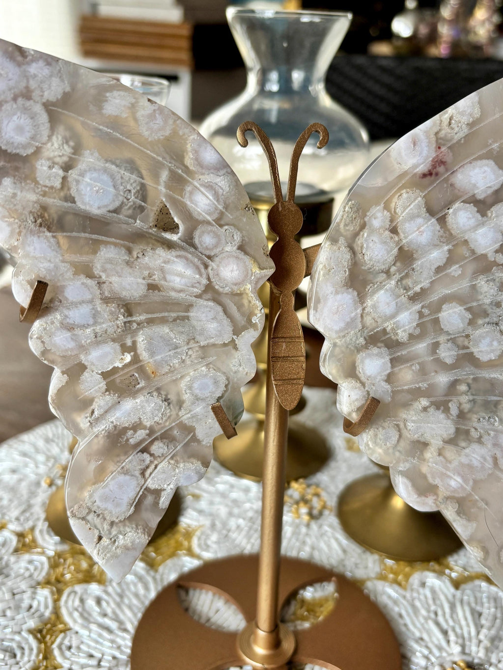 Flower Agate Butterfly Wing Crystal Display on Gold Stand