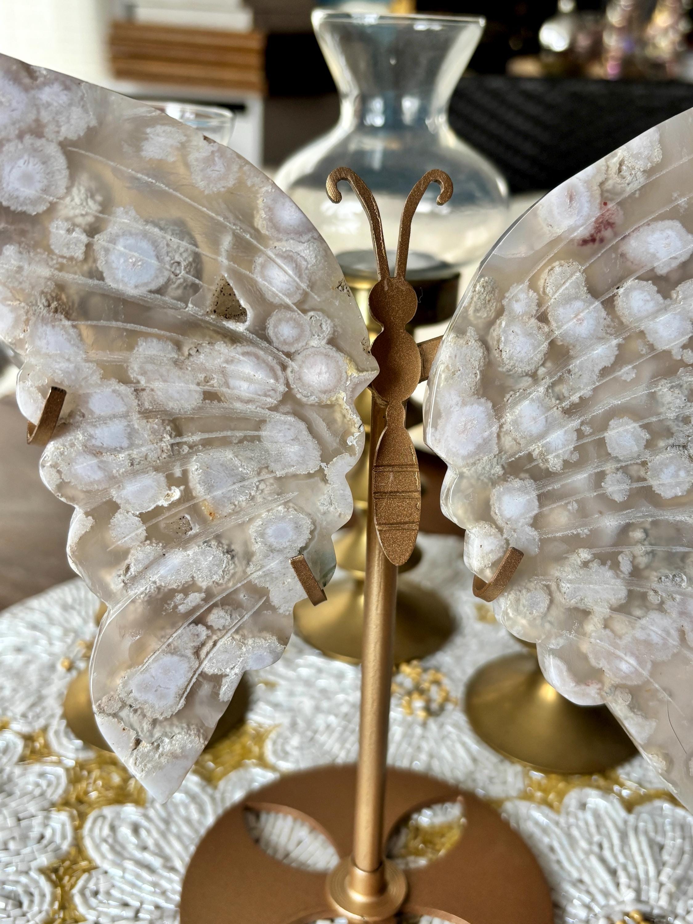 Flower Agate Butterfly Wing Crystal Display on Gold Stand