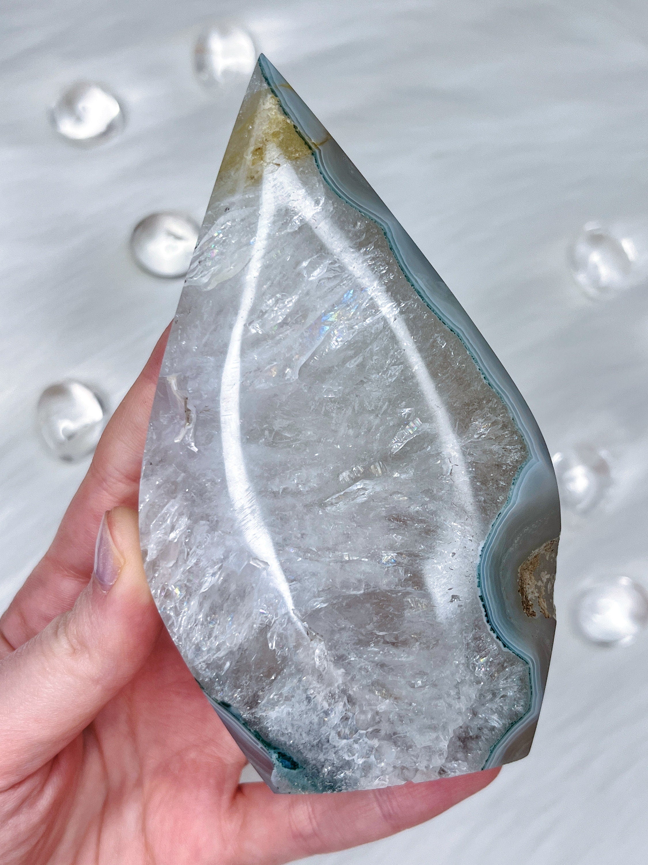 Quartz Agate Freeform, Rainbow Clear Quartz with Blue Green Banded Agate & Golden Healer Quartz Inclusions