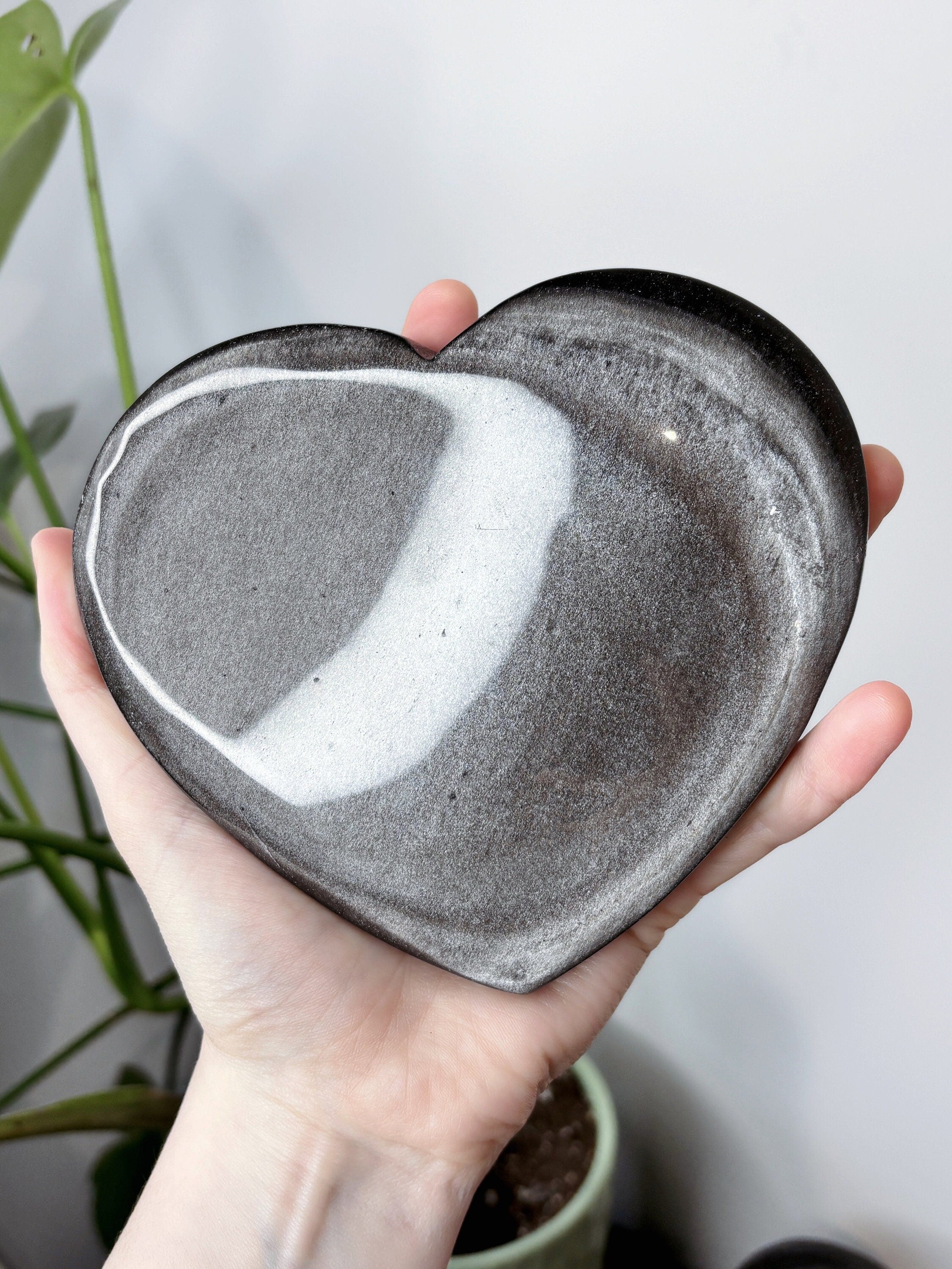 Large Silver Sheen Obsidian Heart, Polished Black Obsidian with Silver Flash Crystal Carving