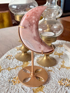Pink Amethyst Flower Agate Moon Crystal, Crescent Moon Carving on Gold Stand