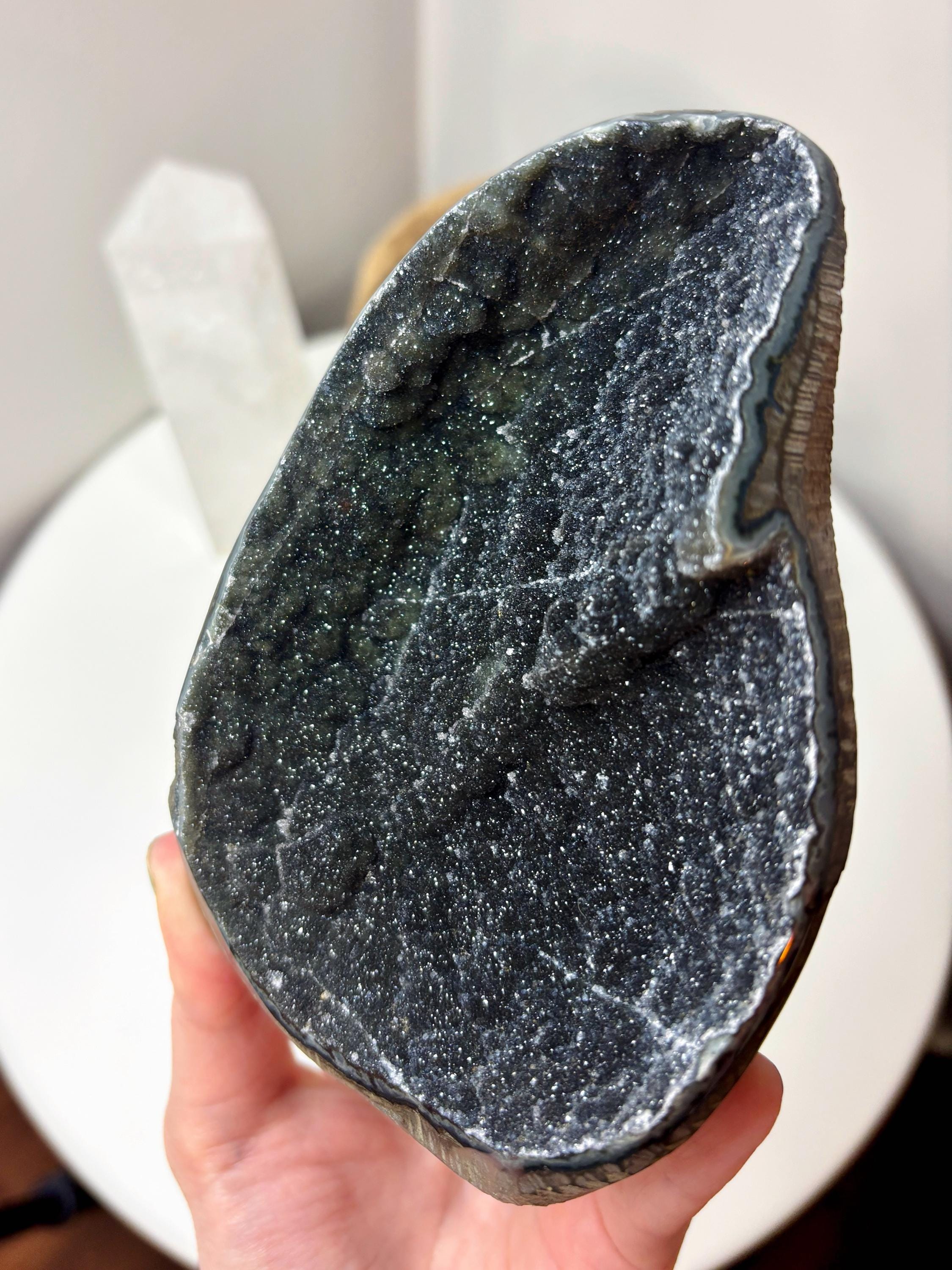 Large Black Amethyst Crystal, Raw Sugar Druzy Cut Base