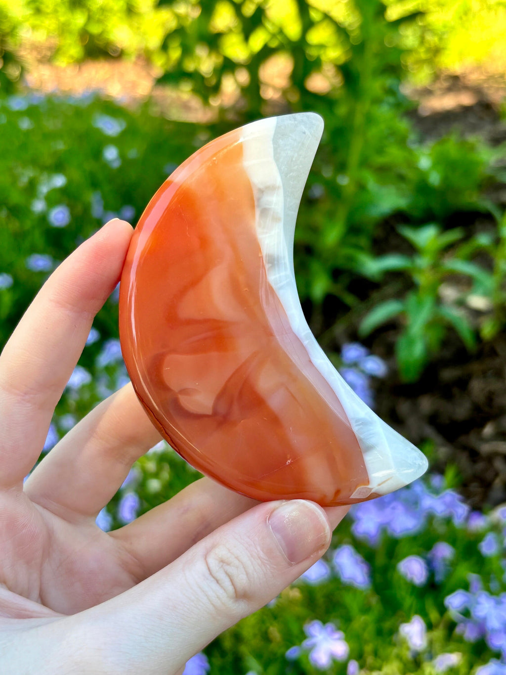 Carnelian Crescent Moon: Orange White Agate Crystal Moon Carving on Display Stand