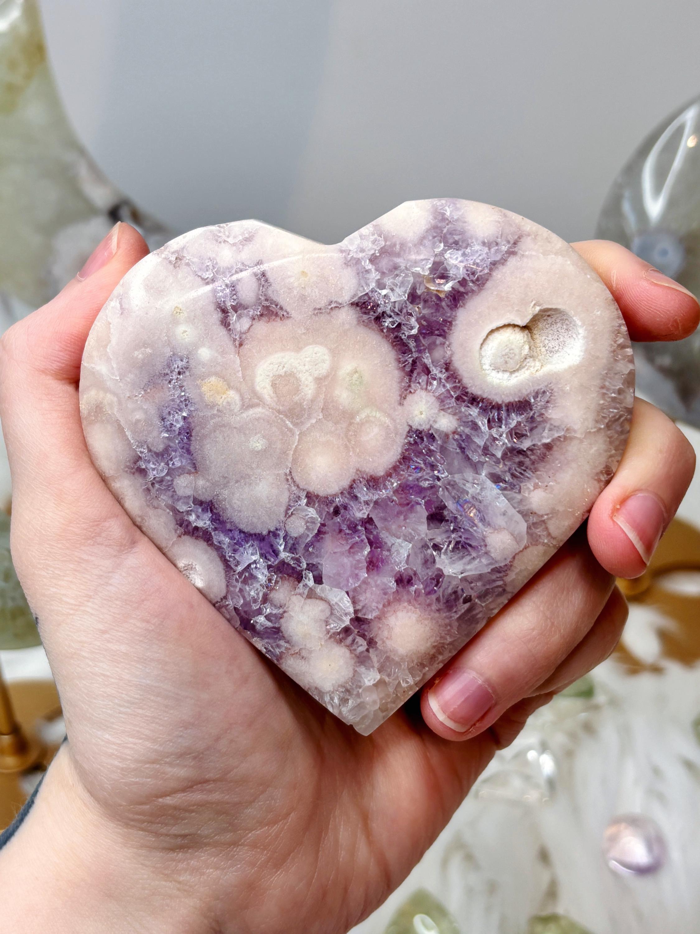 Pink Amethyst Flower Agate Heart on Gold Stand