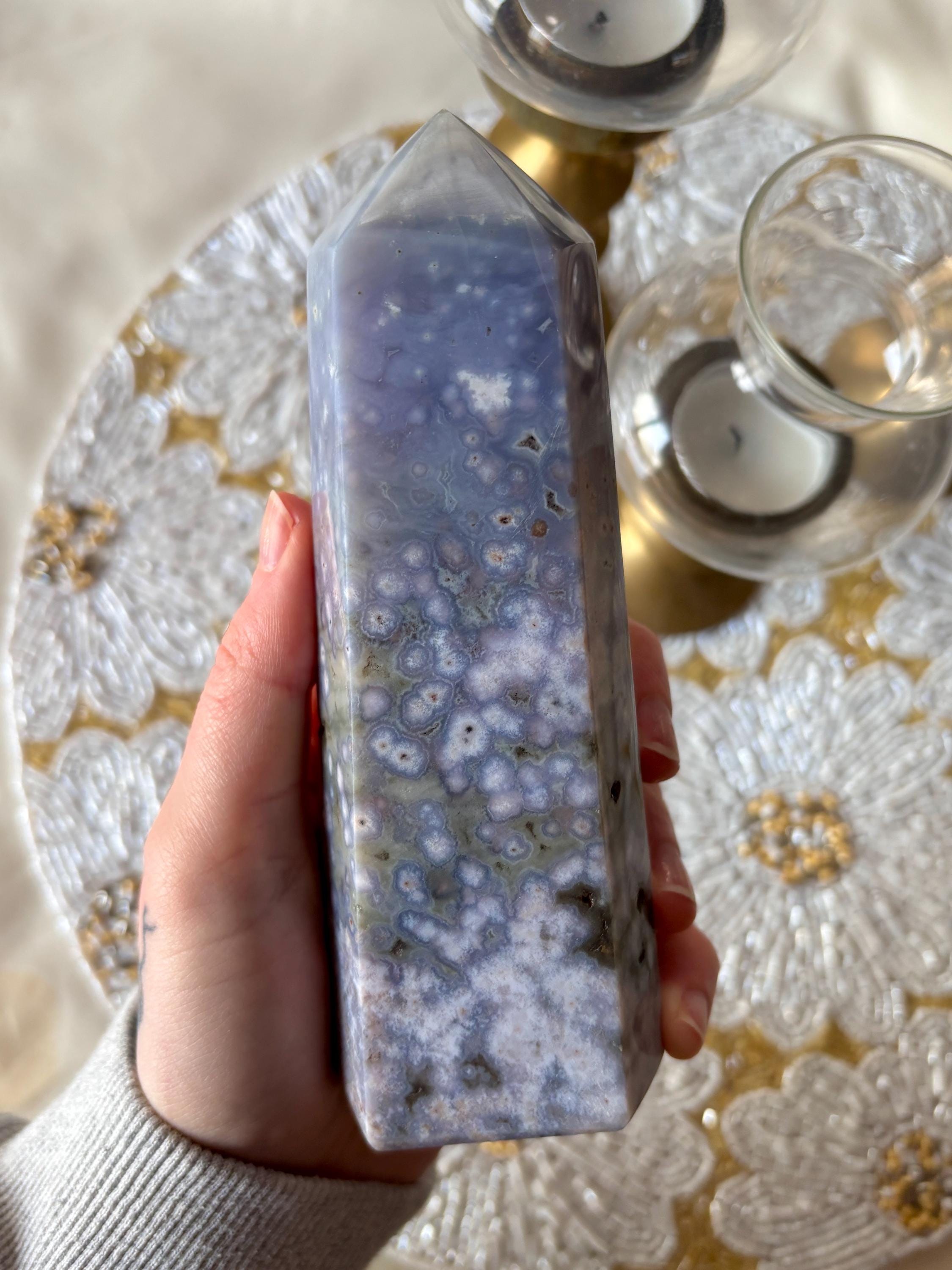 Large Ocean Jasper Flower Agate Tower, Natural Polished Orbicular Sea Jasper Point