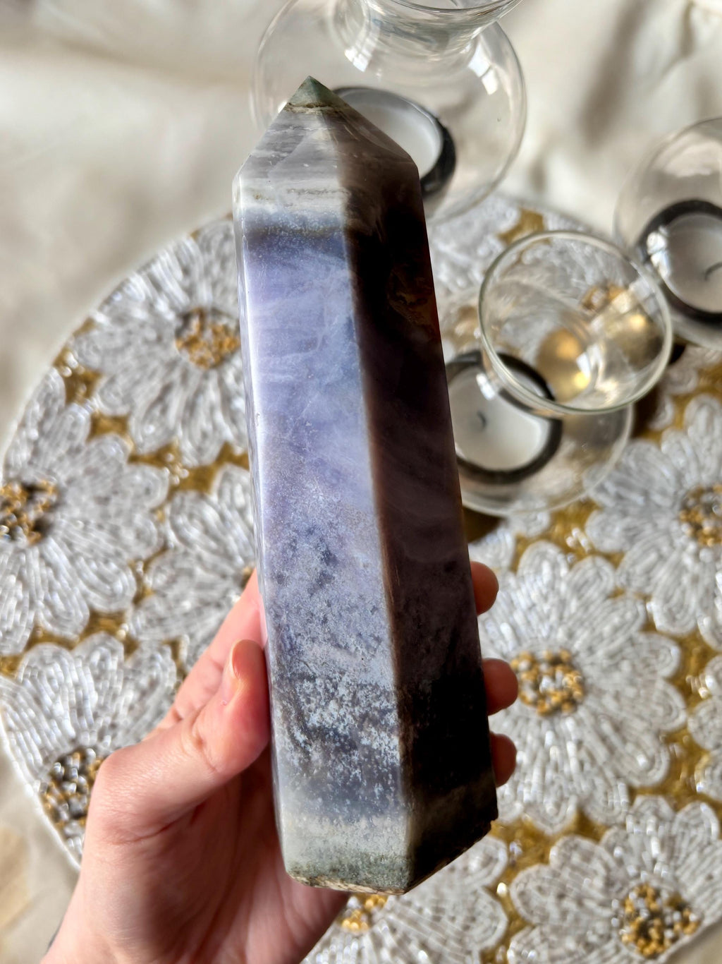 Pastel Ocean Jasper Tower, Lavender Orbicular Ocean Jasper Crystal Point