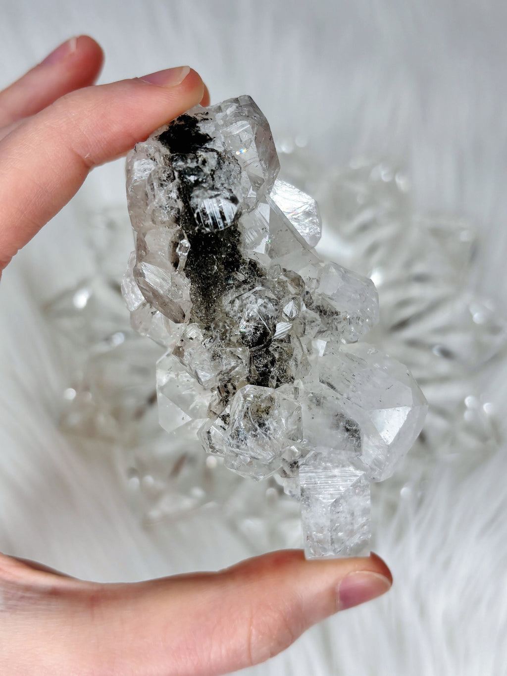 Diamond Apophyllite with Black Hematite, Raw Rainbow Apophyllite Cluster/Mineral Specimen