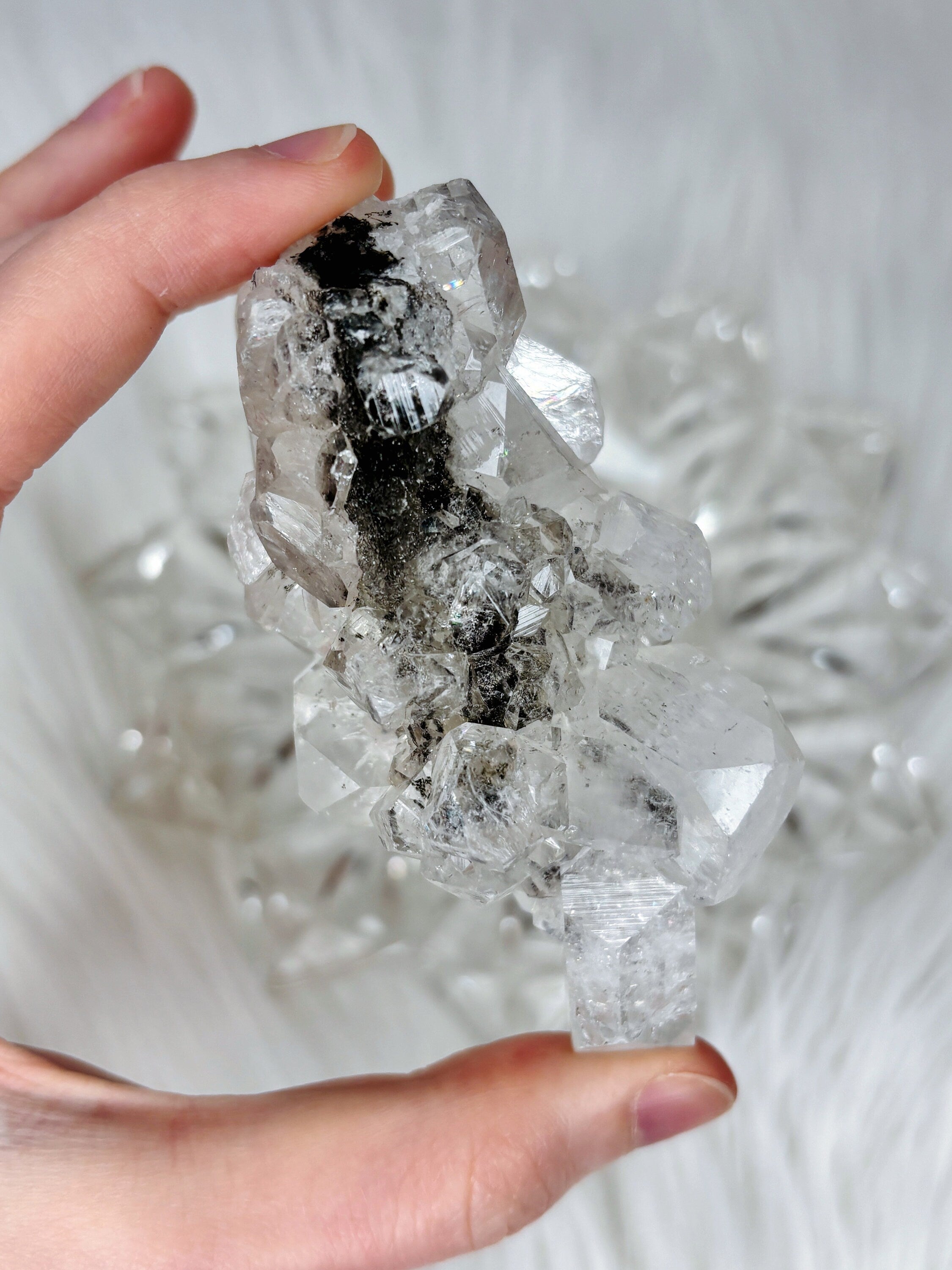 Diamond Apophyllite with Black Hematite, Raw Rainbow Apophyllite Cluster/Mineral Specimen