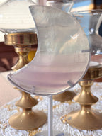 Yttrium Fluorite Moon Crystal, Lavender Fluorite Crescent Moon Carving on Silver Stand