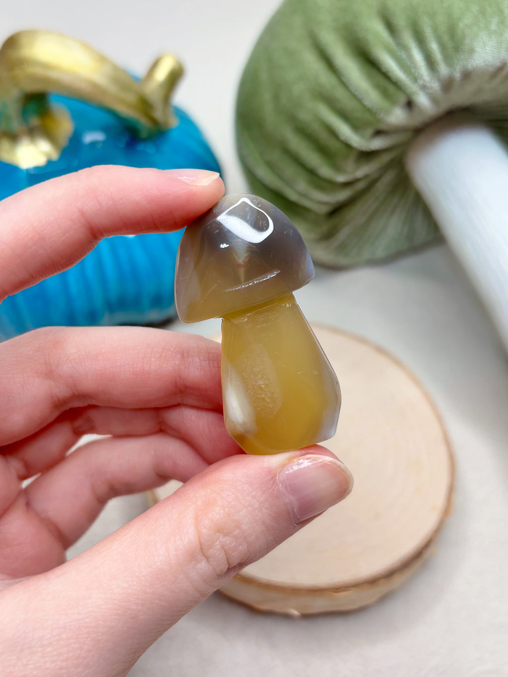 Yellow Orca Agate Mushroom Crystal, Hand Carved Gemstone Mushroom