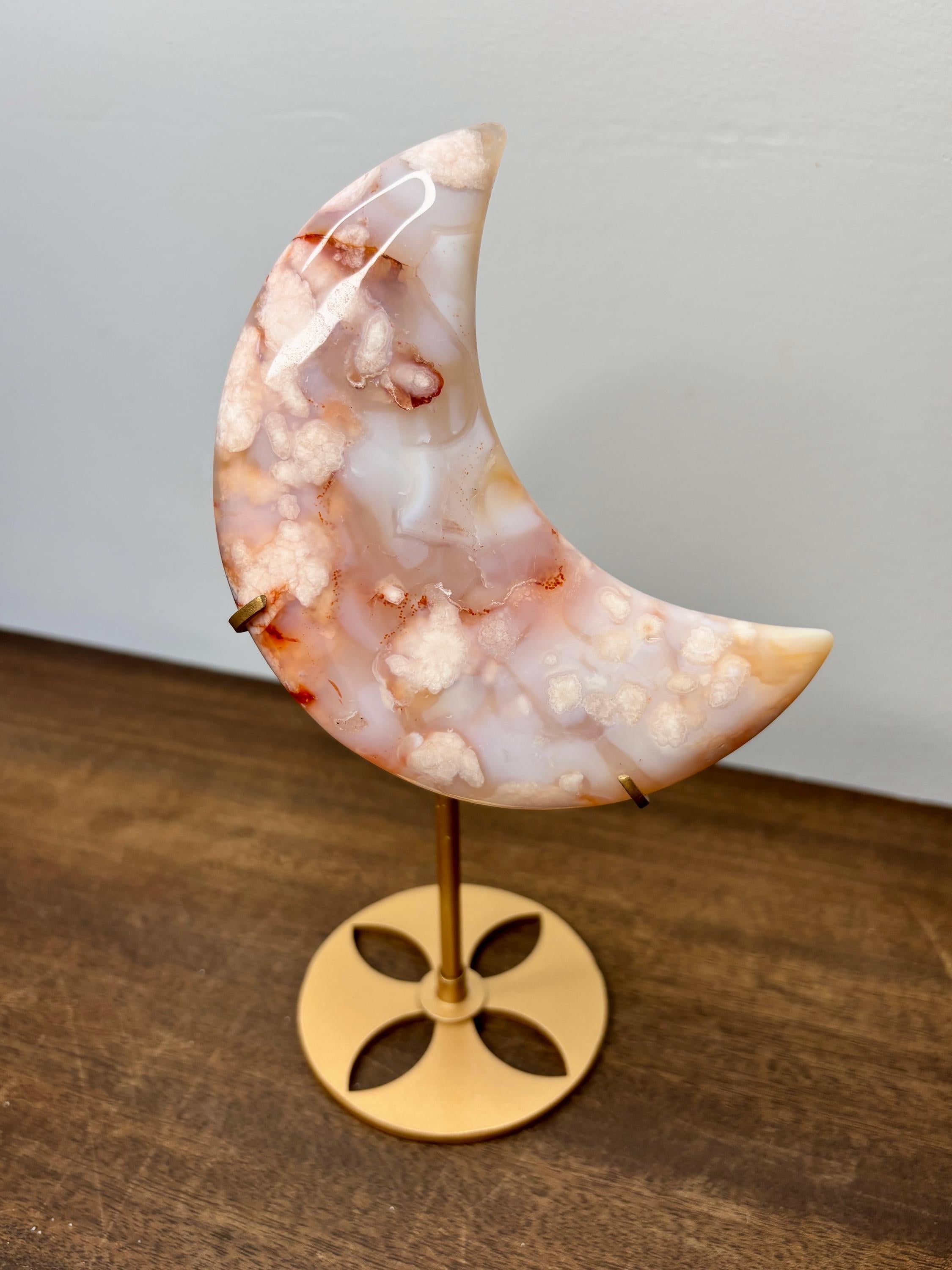 Peach-Pink Flower Agate Crescent Crystal Moon Carving on Gold Stand