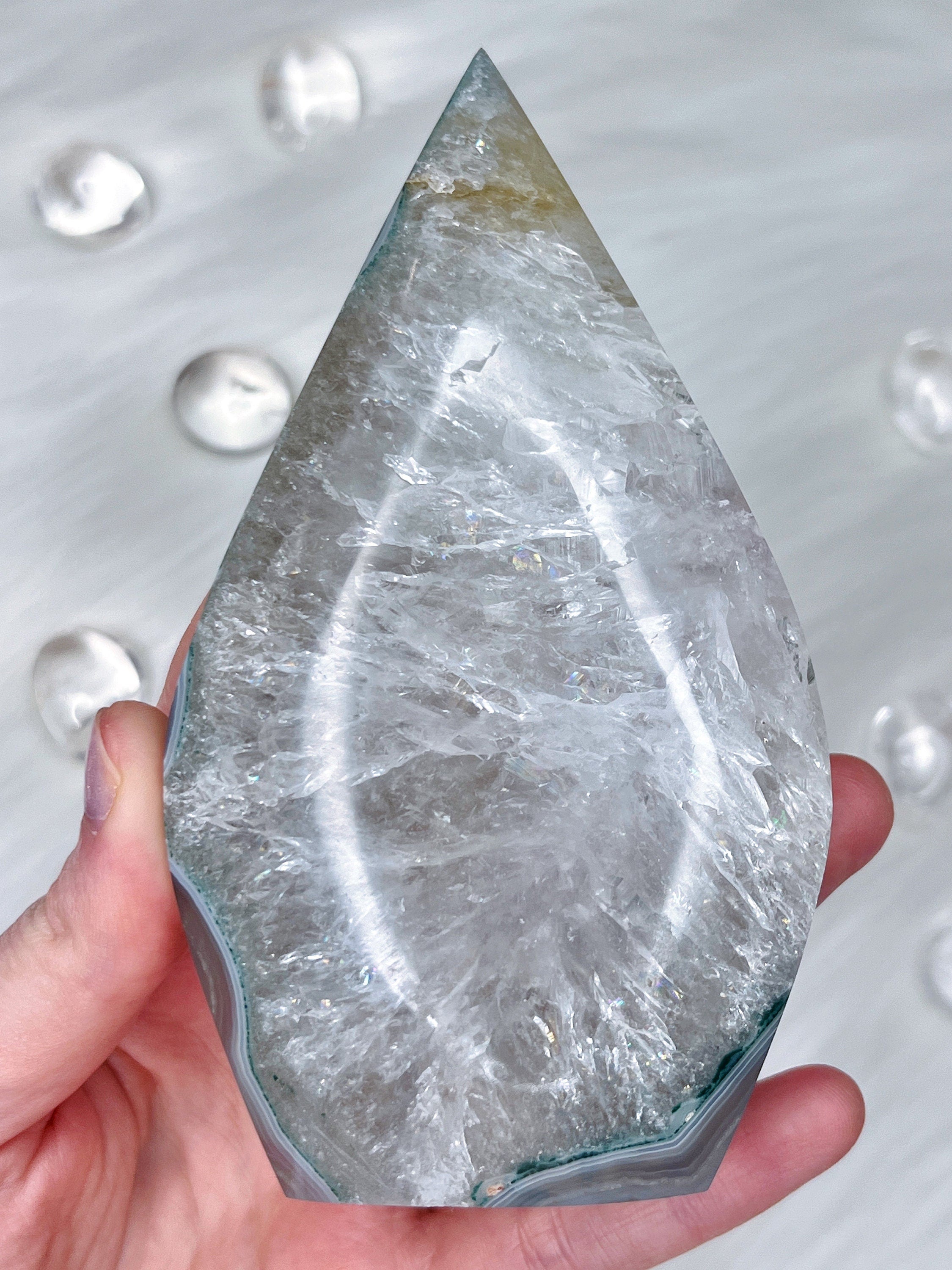 Quartz Agate Freeform, Rainbow Clear Quartz with Blue Green Banded Agate & Golden Healer Quartz Inclusions