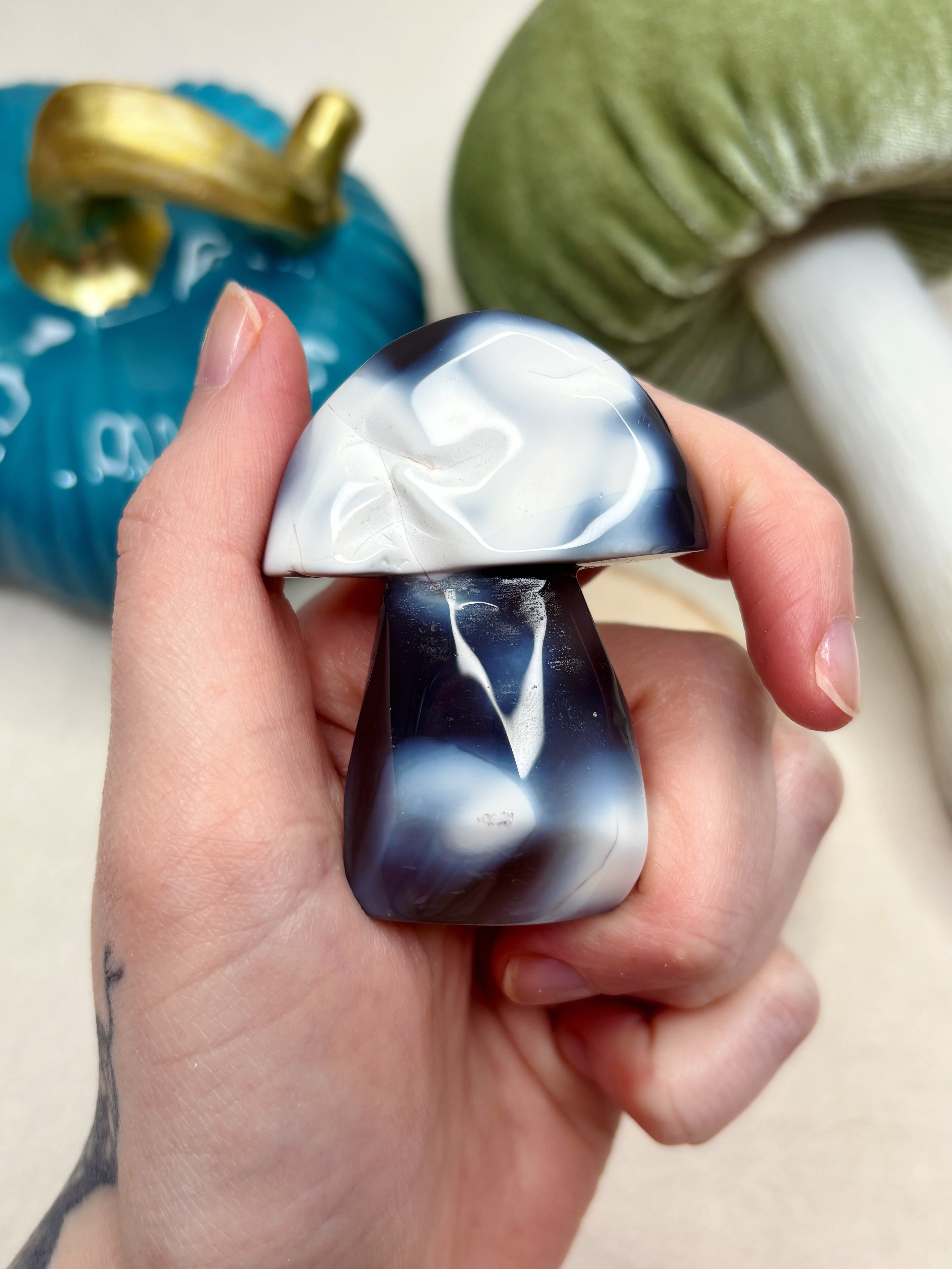 Orca Agate Mushroom Crystal, Hand Carved Natural Gemstone Mushroom