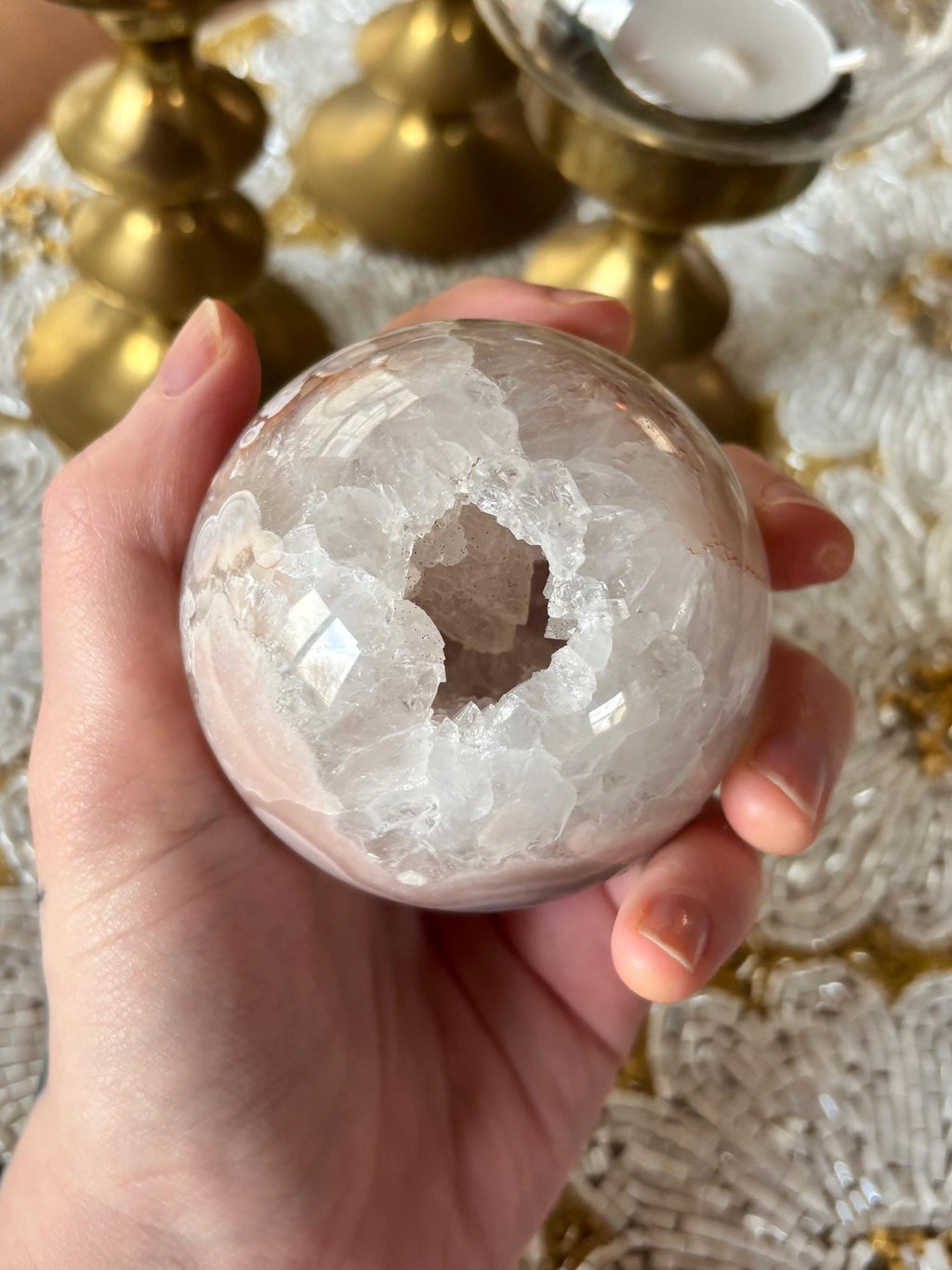 Pink Amethyst Flower Agate Sphere with Quartz Druzy Cave