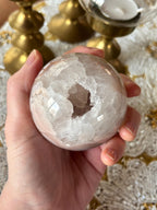 Pink Amethyst Flower Agate Sphere with Quartz Druzy Cave