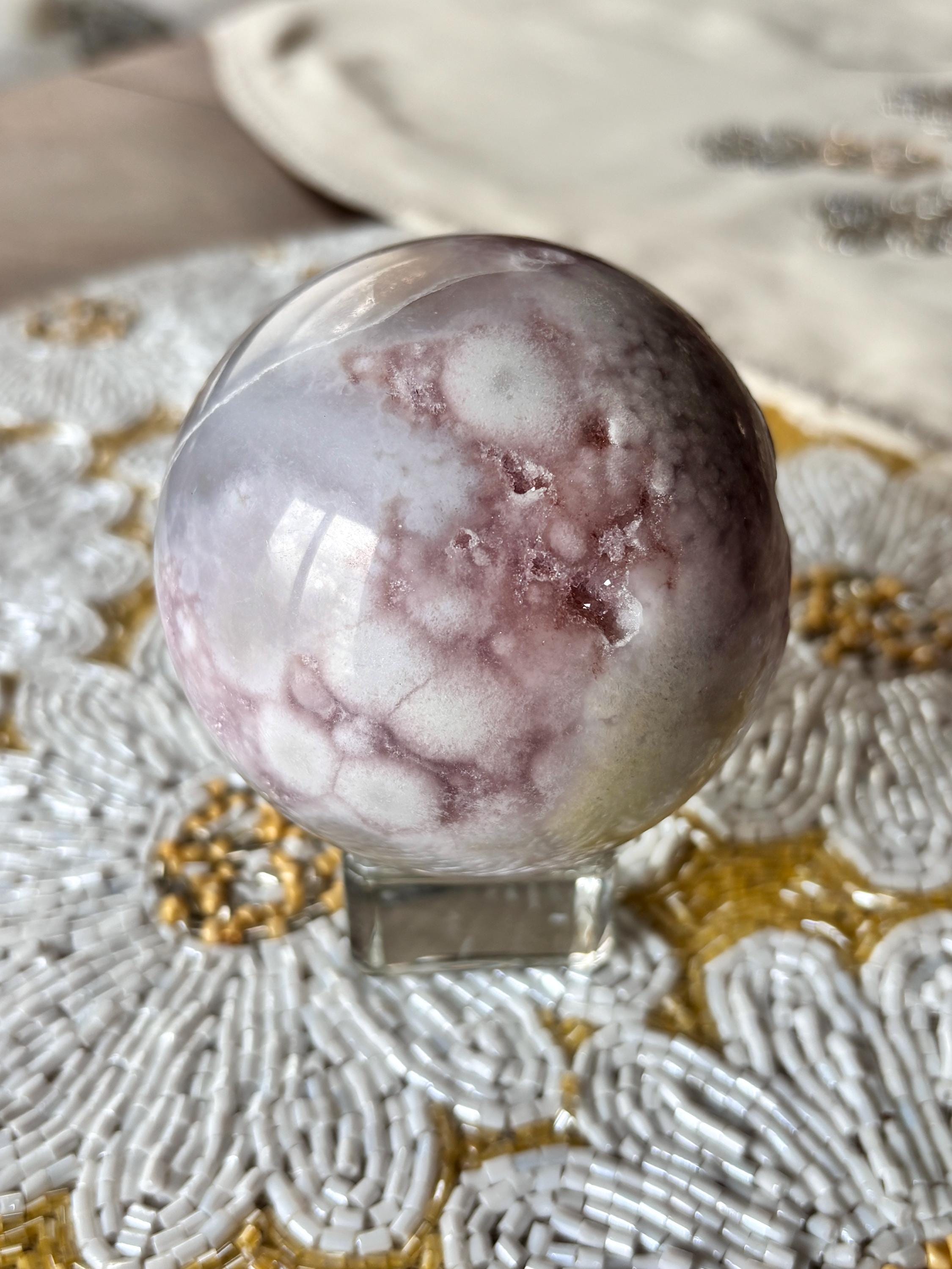 Large Druzy Flower Agate Sphere, Polished Pink Amethyst Flower Agate with Quartz