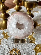 Pink Amethyst Flower Agate Sphere with Quartz Druzy Cave