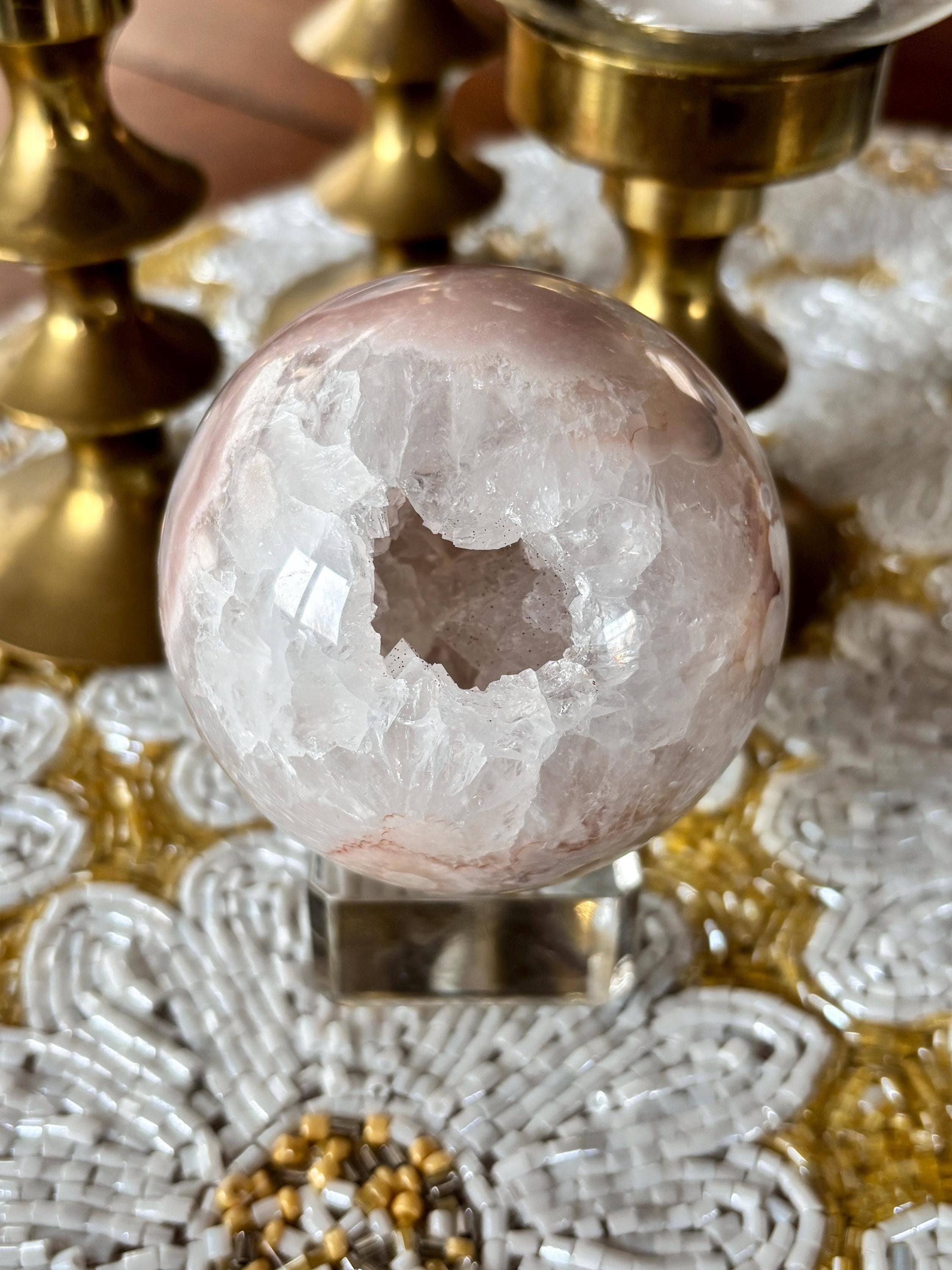 Pink Amethyst Flower Agate Sphere with Quartz Druzy Cave