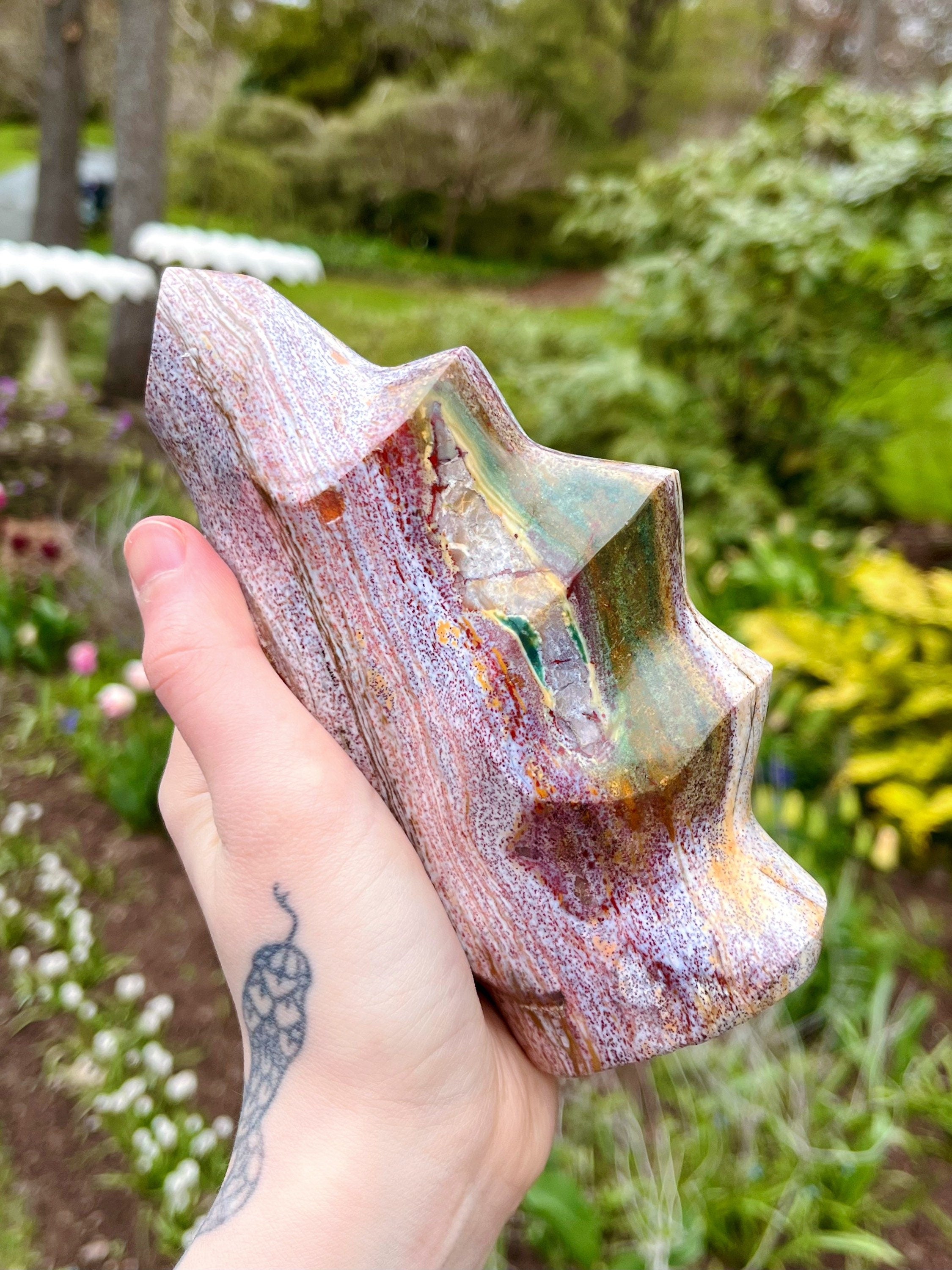 Colorful Ocean Jasper Flame, Polished Pastel Rainbow Ocean Jasper Cut Base Freeform