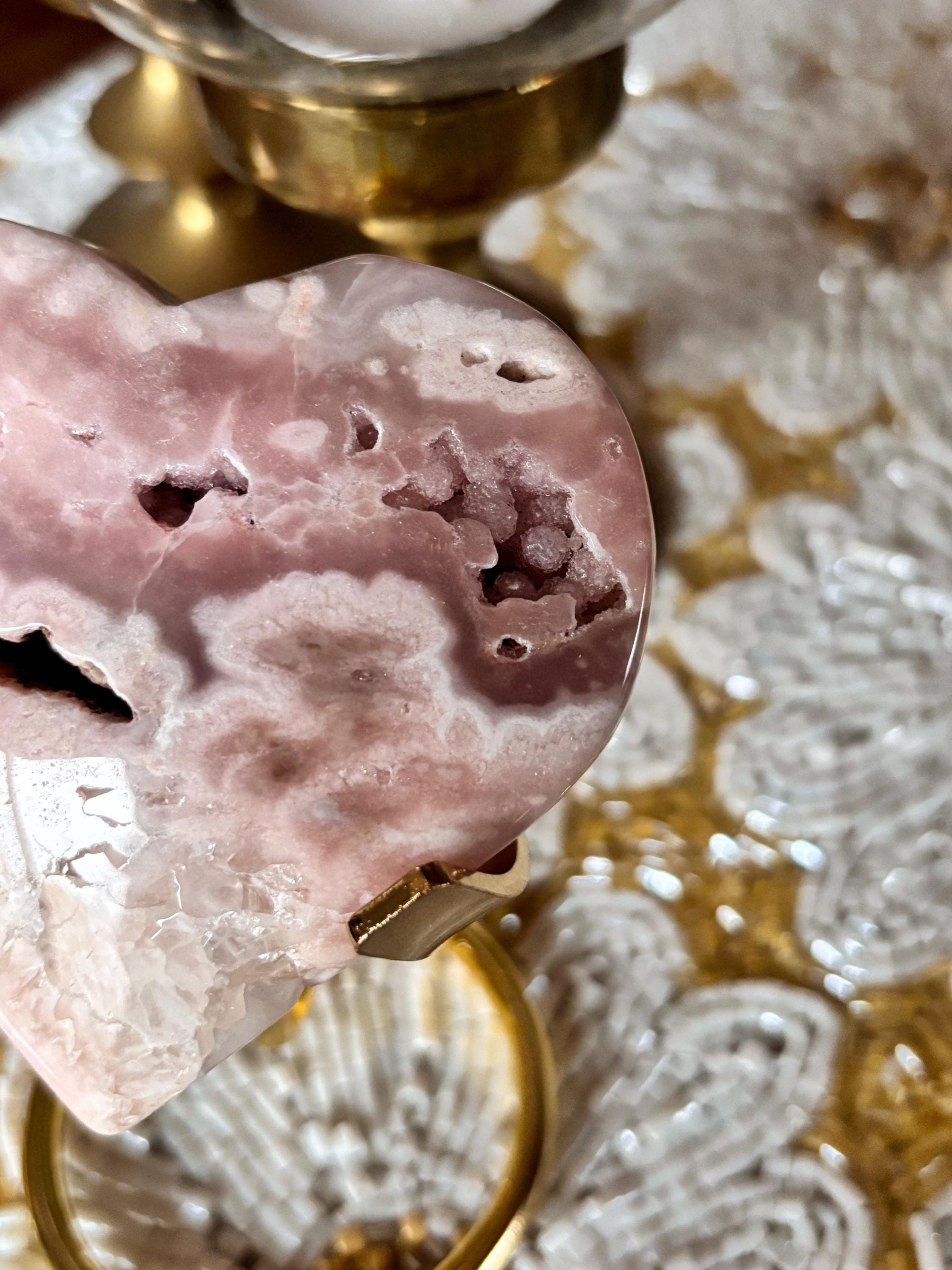 Polished Pink Amethyst Flower Agate Heart with Botryoidal Agate Druzy Caves