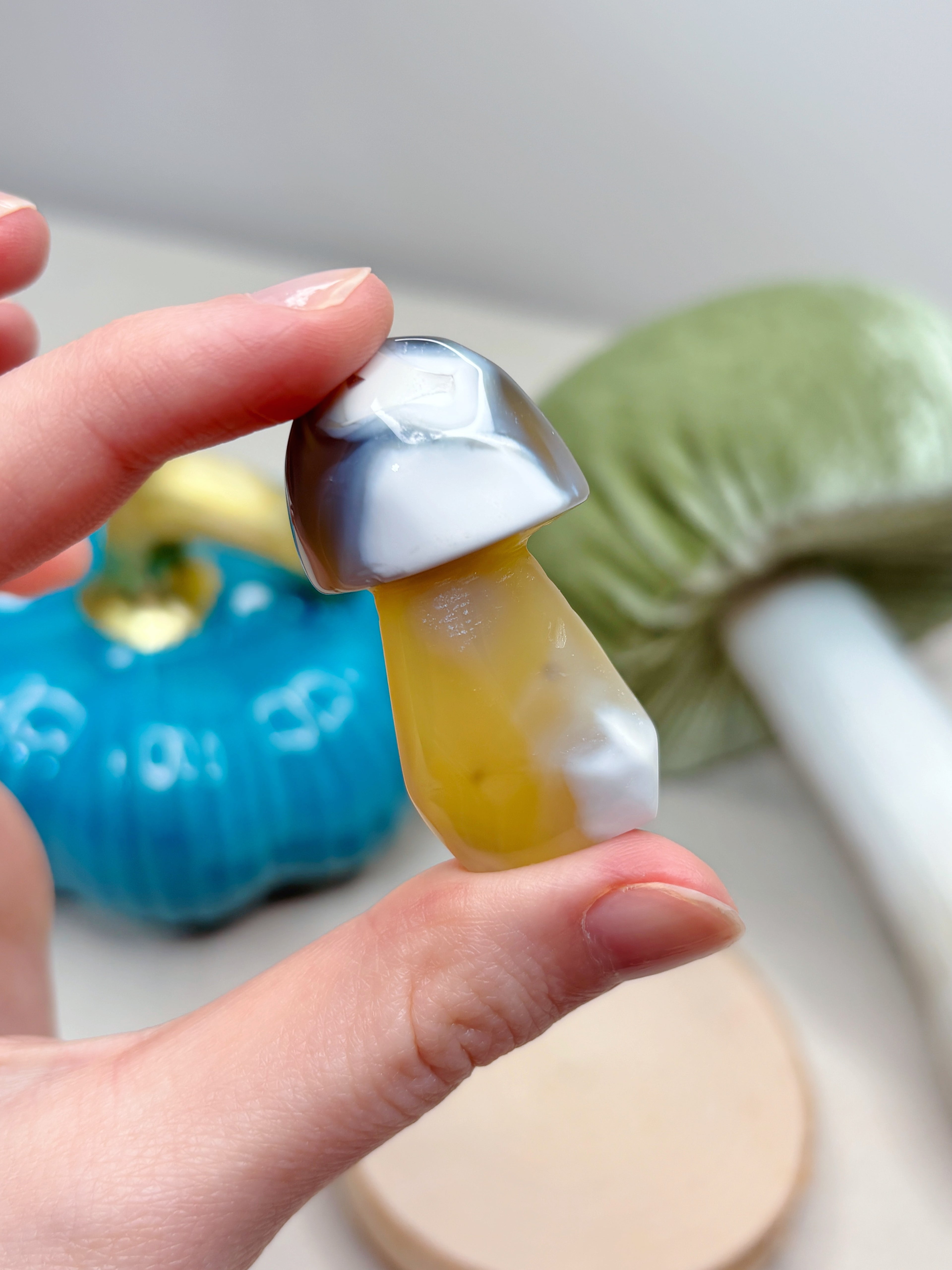 Yellow Orca Agate Mushroom Crystal, Hand Carved Gemstone Mushroom