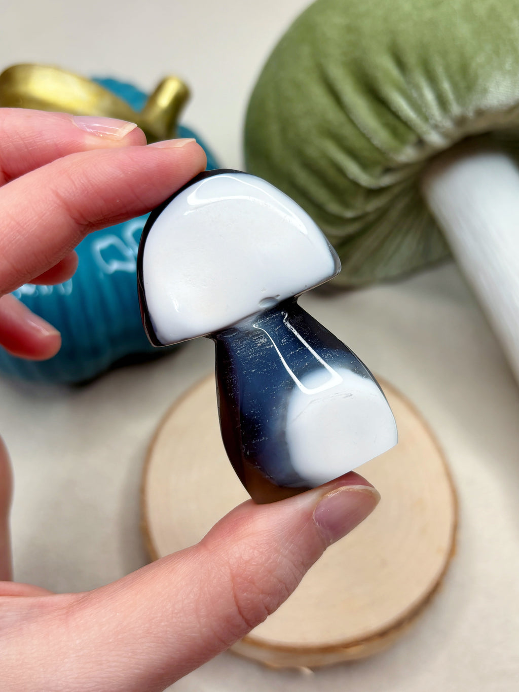 Blue & White Orca Agate Mushroom, Hand-Carved Natural Gemstone Mushroom