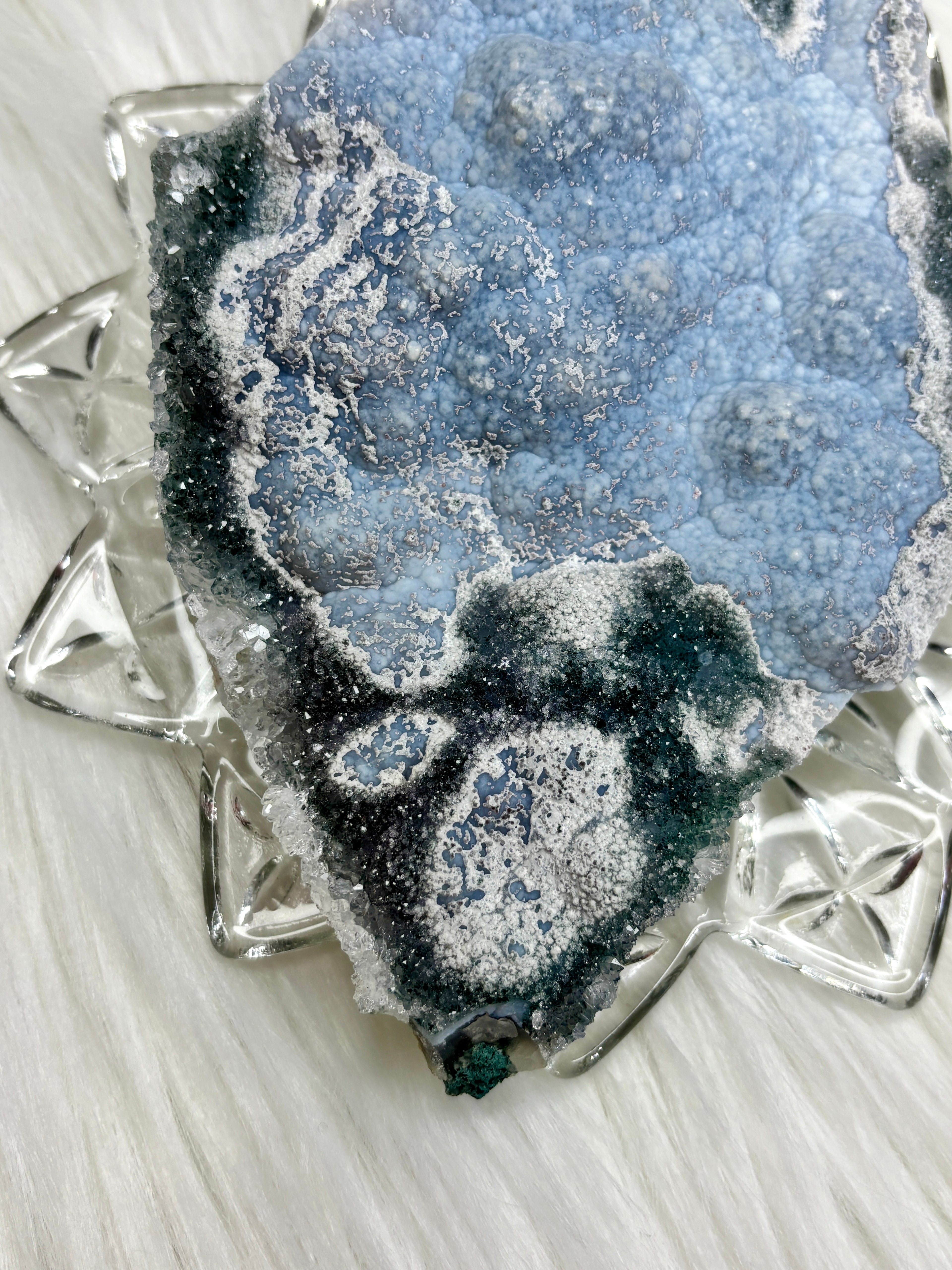 Rare Blue Amethyst Crystal Slab, Raw Botryoidal Blue Amethyst with Green Galaxy Druzy Amethyst & Clear Quartz