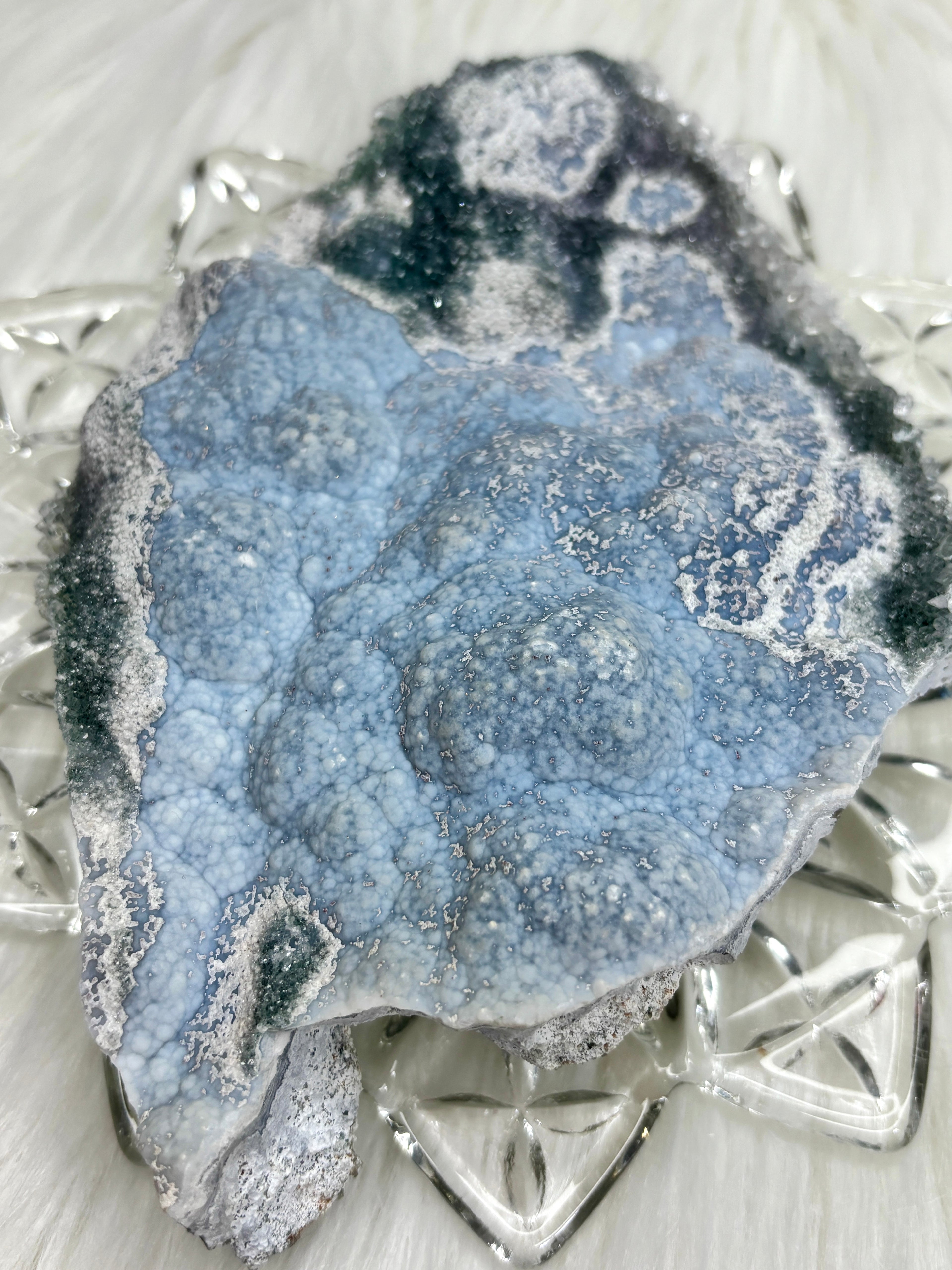 Rare Blue Amethyst Crystal Slab, Raw Botryoidal Blue Amethyst with Green Galaxy Druzy Amethyst & Clear Quartz