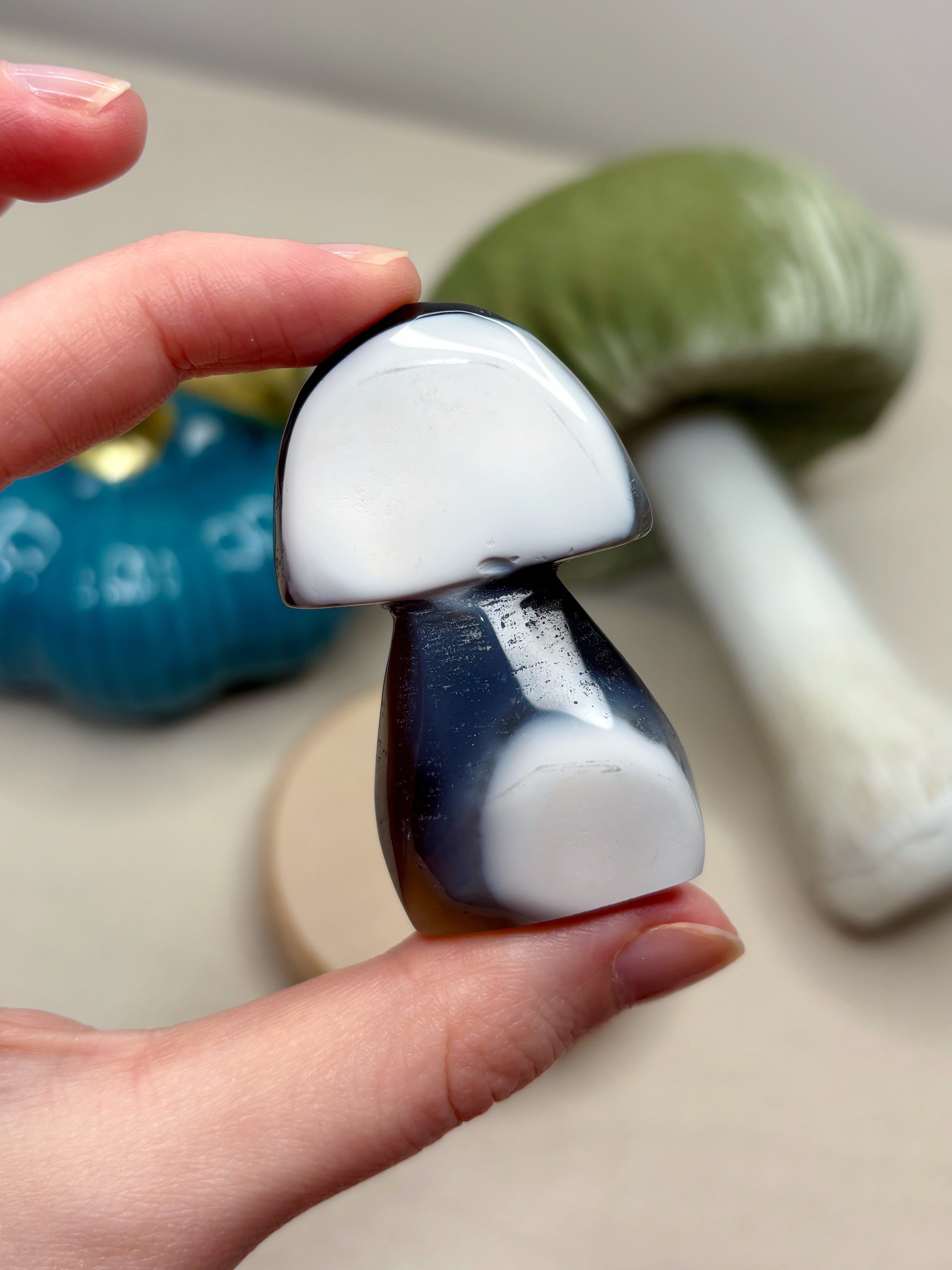 Blue & White Orca Agate Mushroom, Hand-Carved Natural Gemstone Mushroom