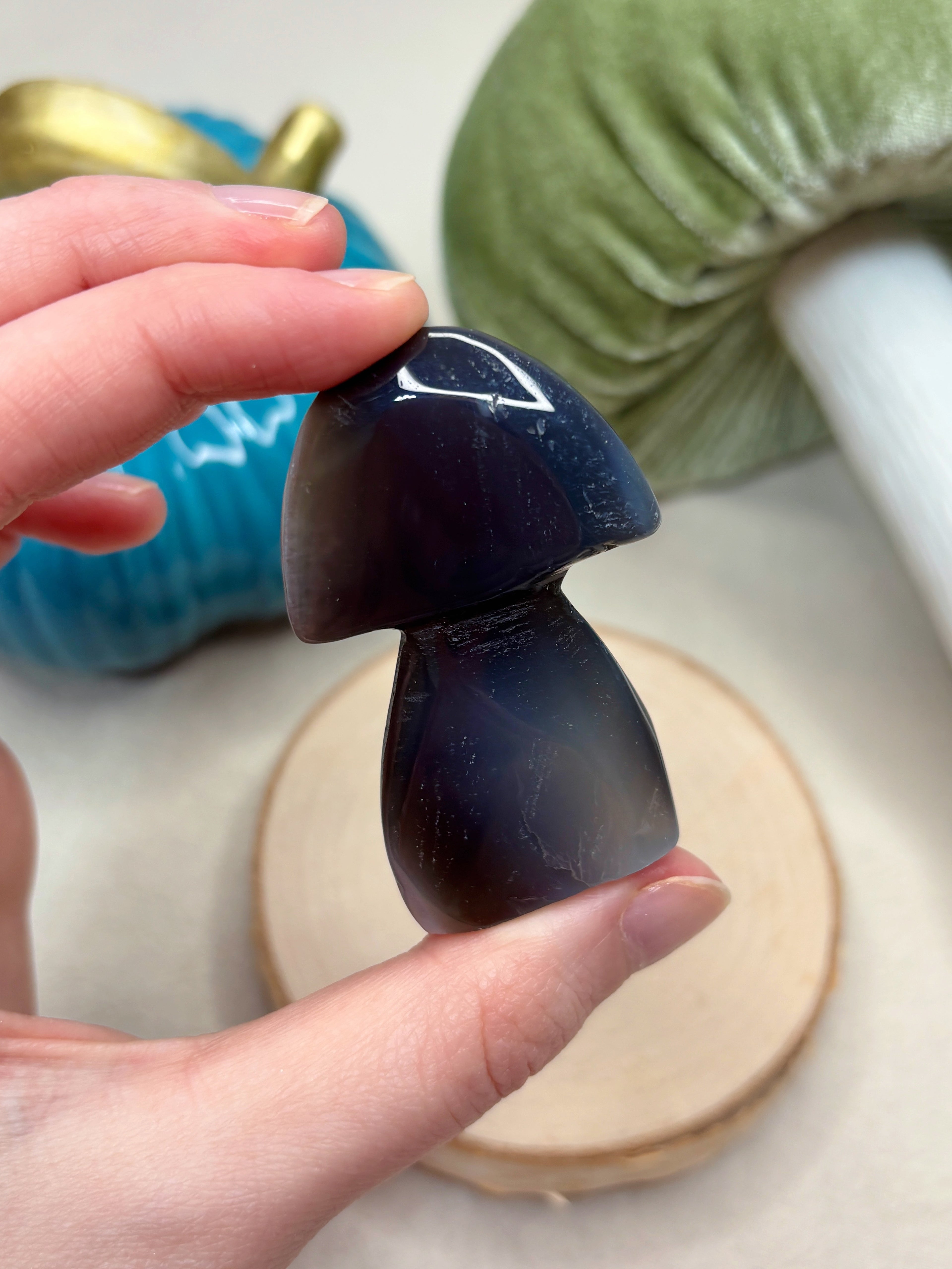 Blue & White Orca Agate Mushroom, Hand-Carved Natural Gemstone Mushroom
