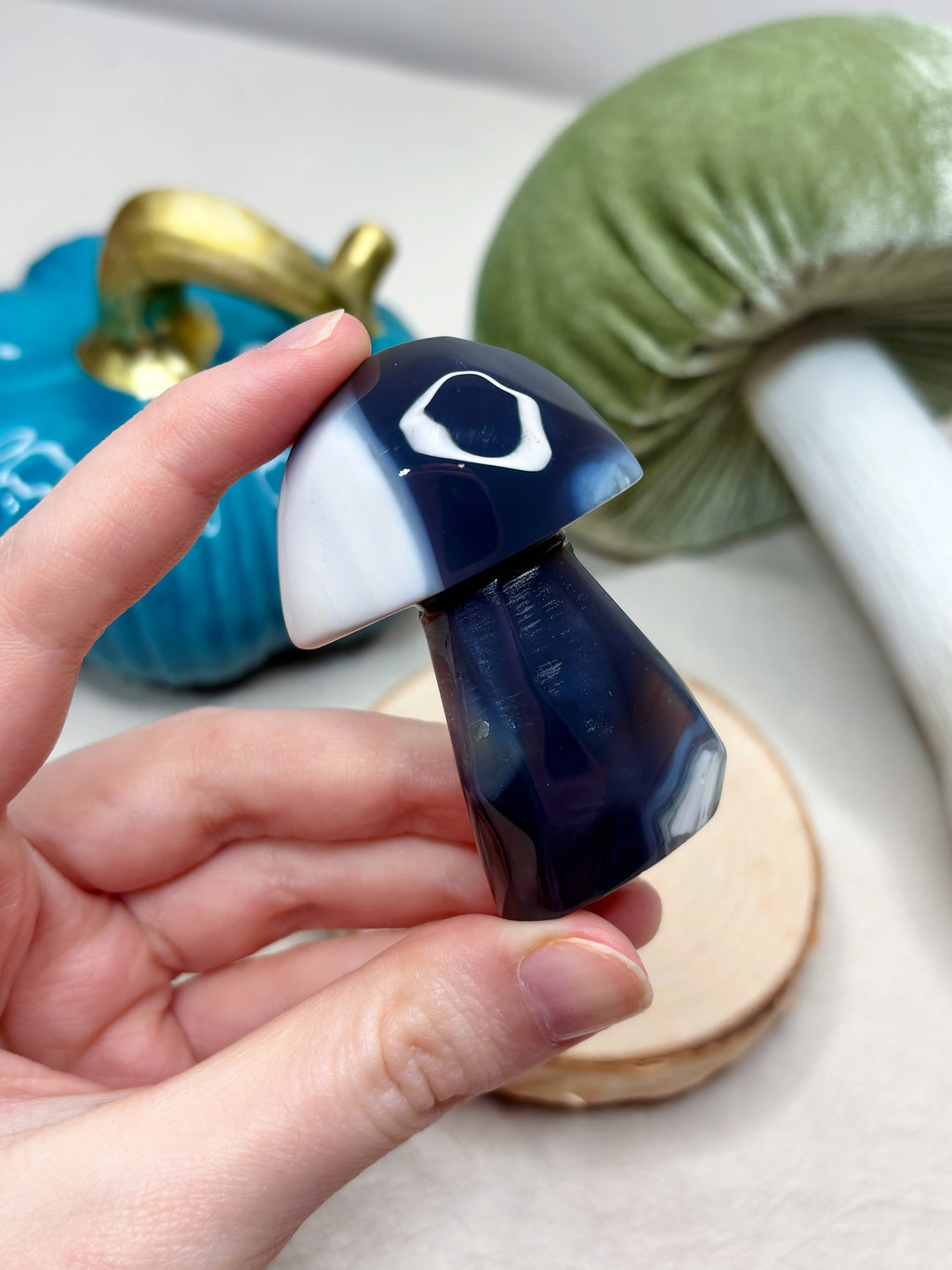Blue Orca Agate Mushroom, Hand-Carved Natural Gemstone Mushroom