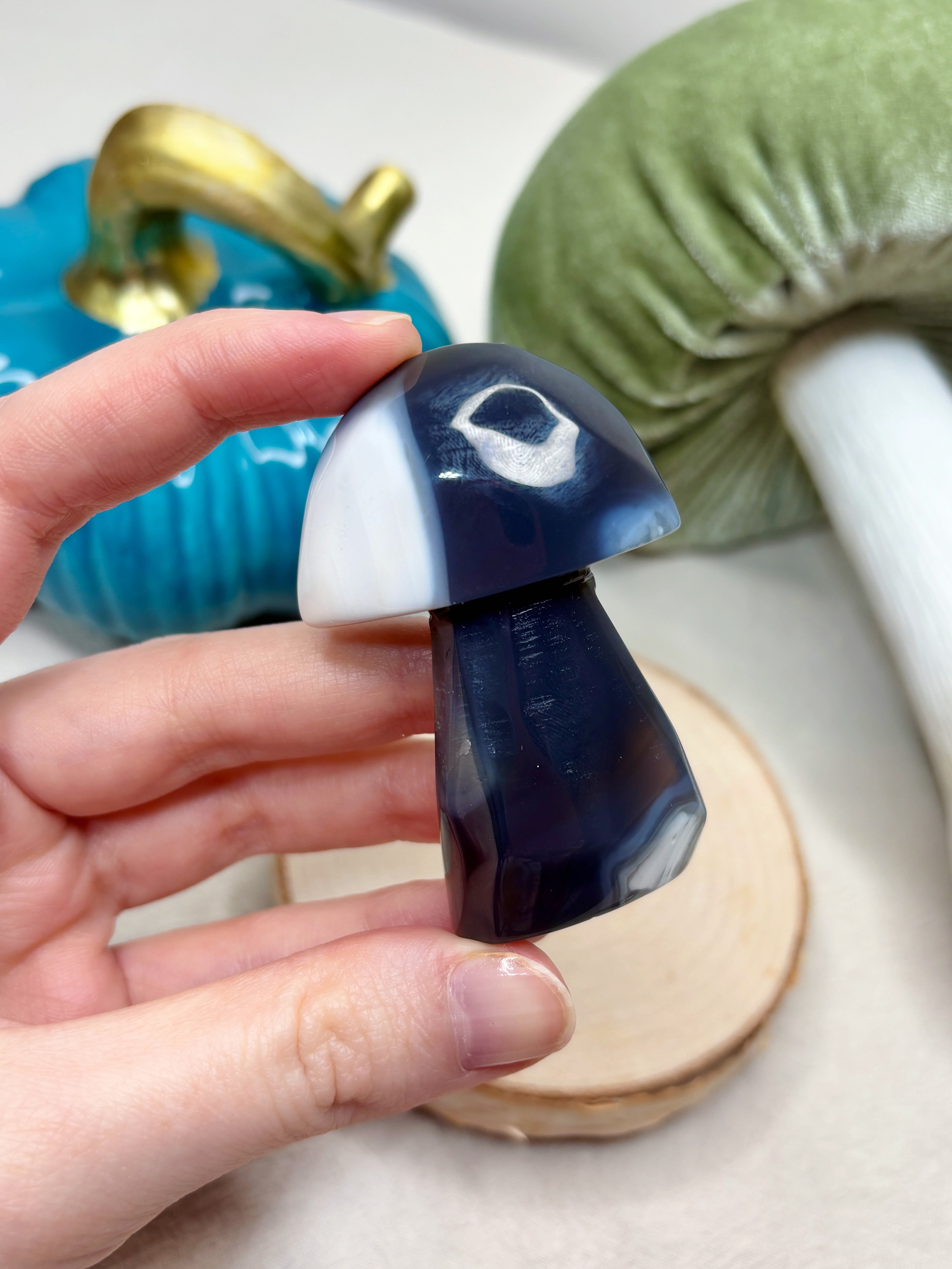 Blue Orca Agate Mushroom, Hand-Carved Natural Gemstone Mushroom