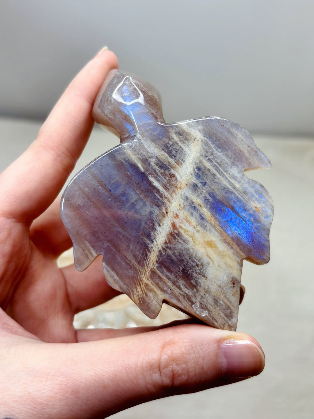 Moonstone Sea Turtle Carving, Natural Blue Flash Moonstone Crystal