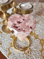 Polished Pink Amethyst Flower Agate Heart with Botryoidal Agate Druzy Caves