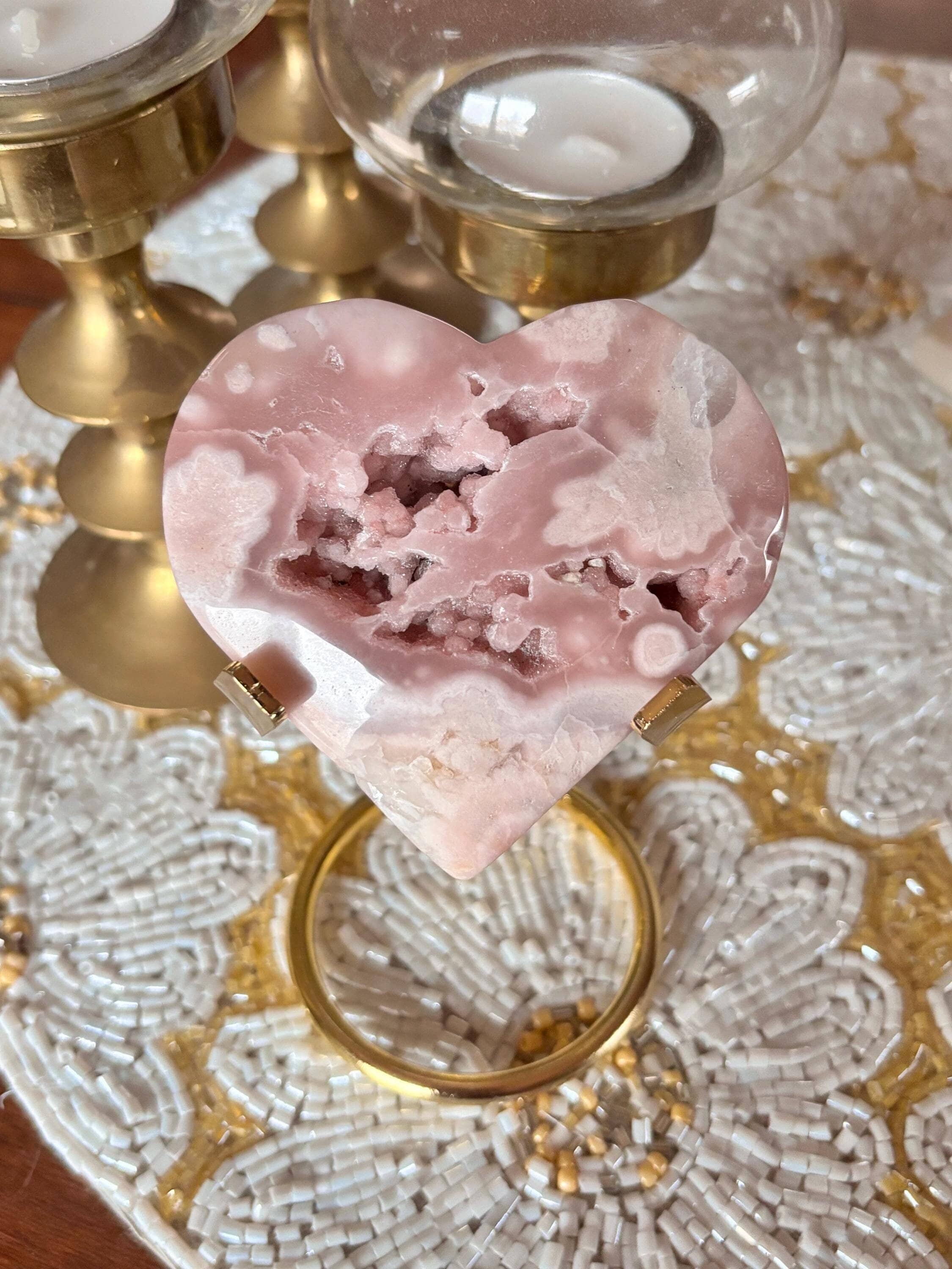 Polished Pink Amethyst Flower Agate Heart with Botryoidal Agate Druzy Caves