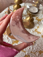 Pink Amethyst Flower Agate Moon Crystal, Crescent Moon Carving on Gold Stand