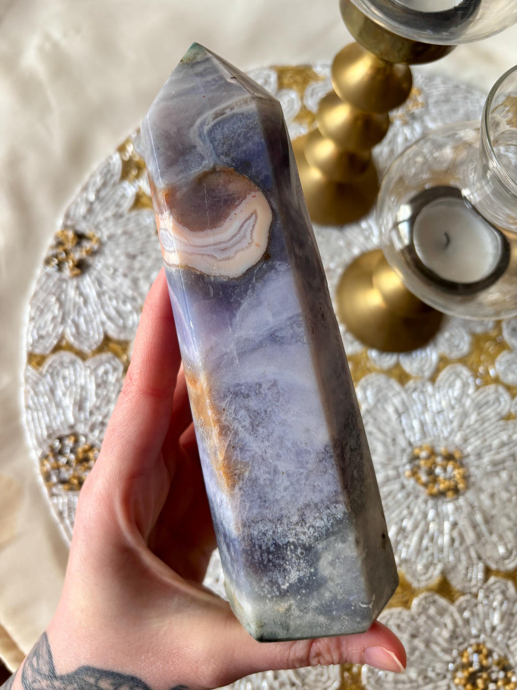 Pastel Ocean Jasper Tower, Lavender Orbicular Ocean Jasper Crystal Point