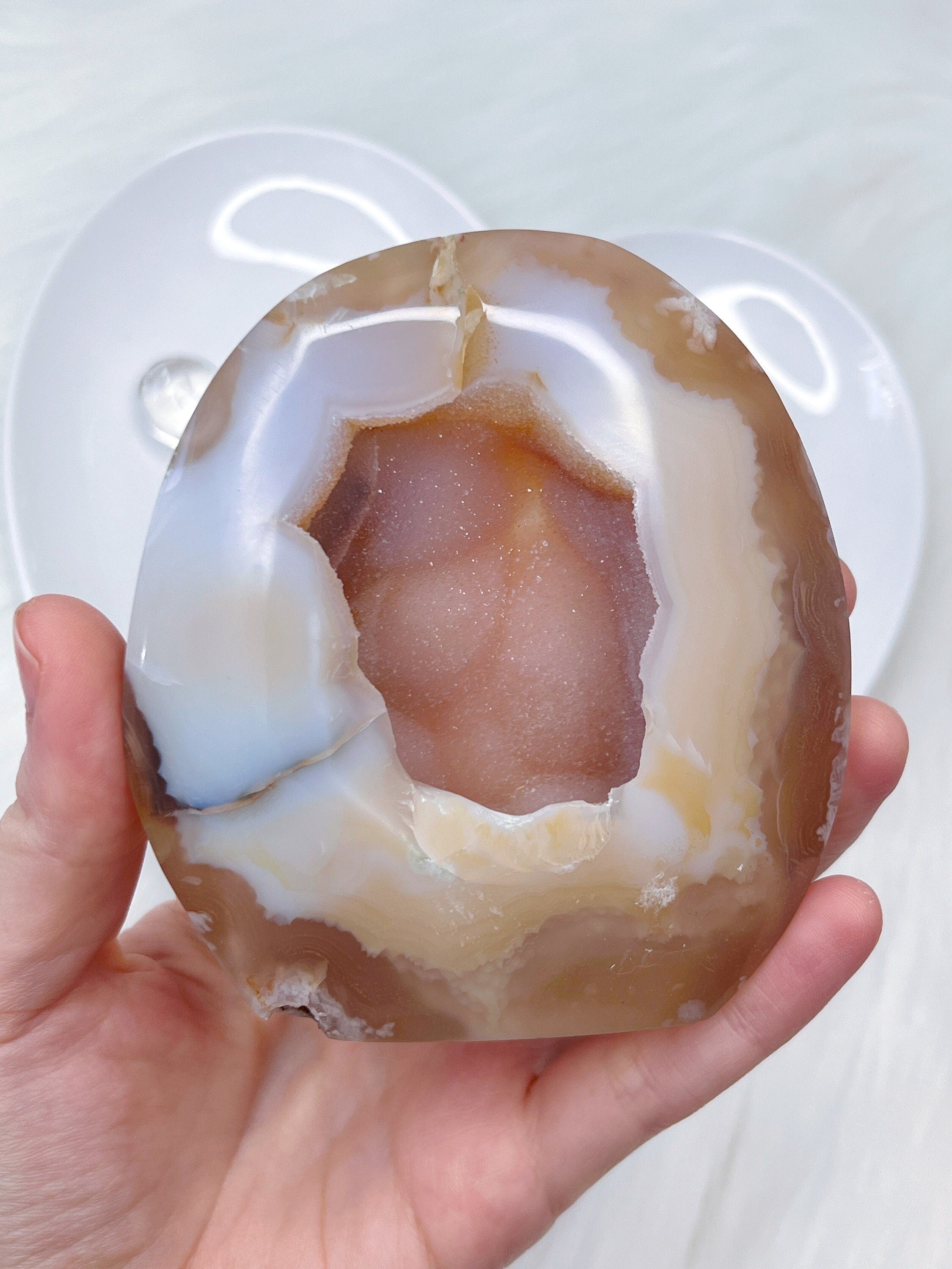 Sugary Pink Amethyst & Yellow Agate Freeform, Polished Agate Amethyst Geode Cut Base with Raw Druzy Center